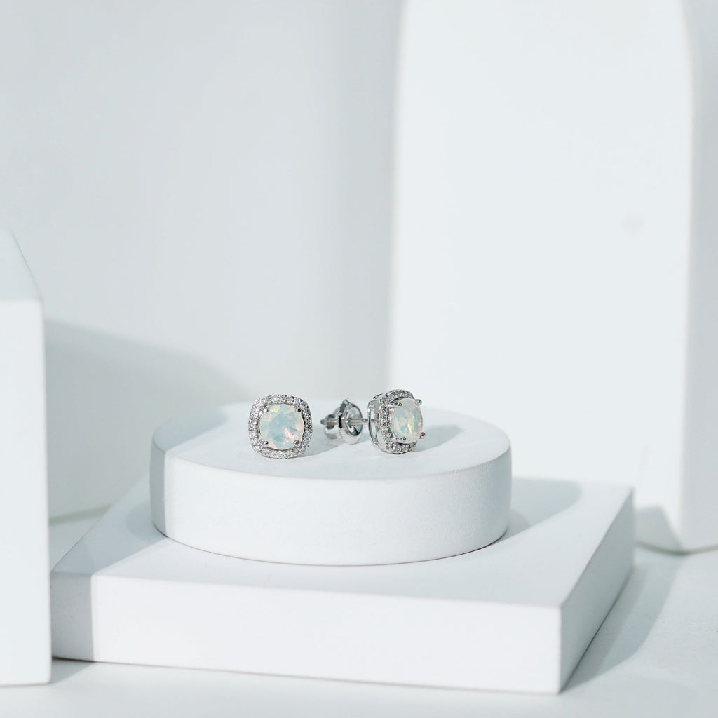 Real 1.6 Carat Ethiopian Opal and Diamond Halo Stud Earrings