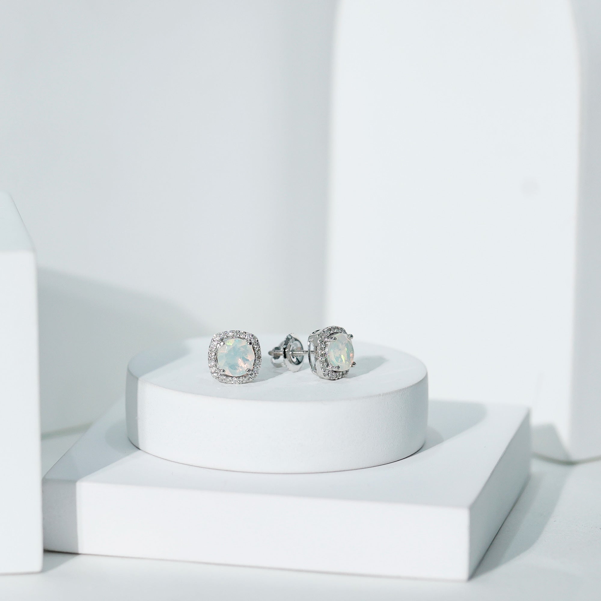 Real 1.6 Carat Ethiopian Opal and Diamond Halo Stud Earrings