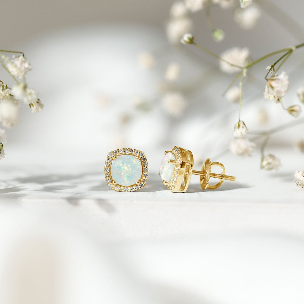 Real 1.6 Carat Ethiopian Opal and Diamond Halo Stud Earrings