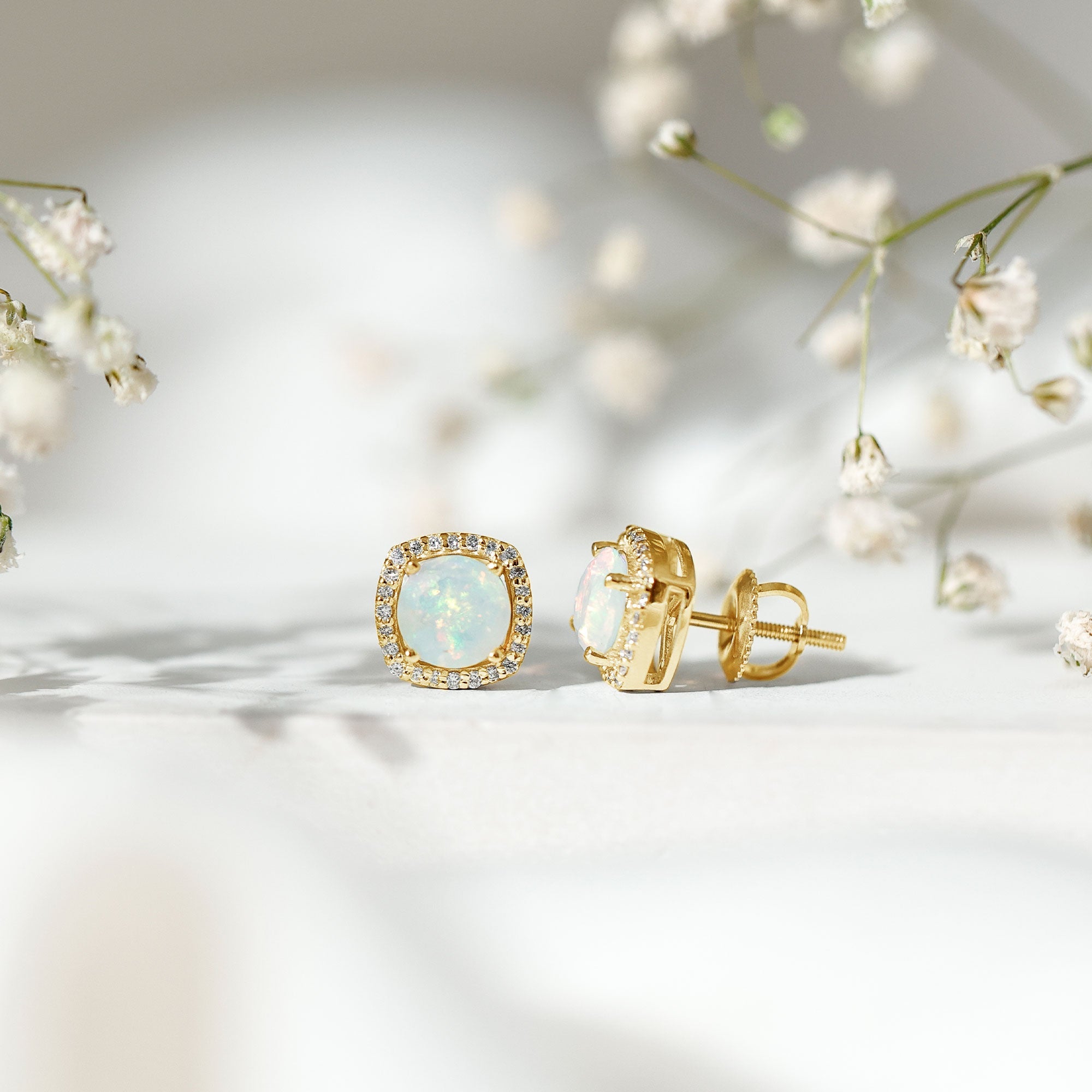 Real 1.6 Carat Ethiopian Opal and Diamond Halo Stud Earrings