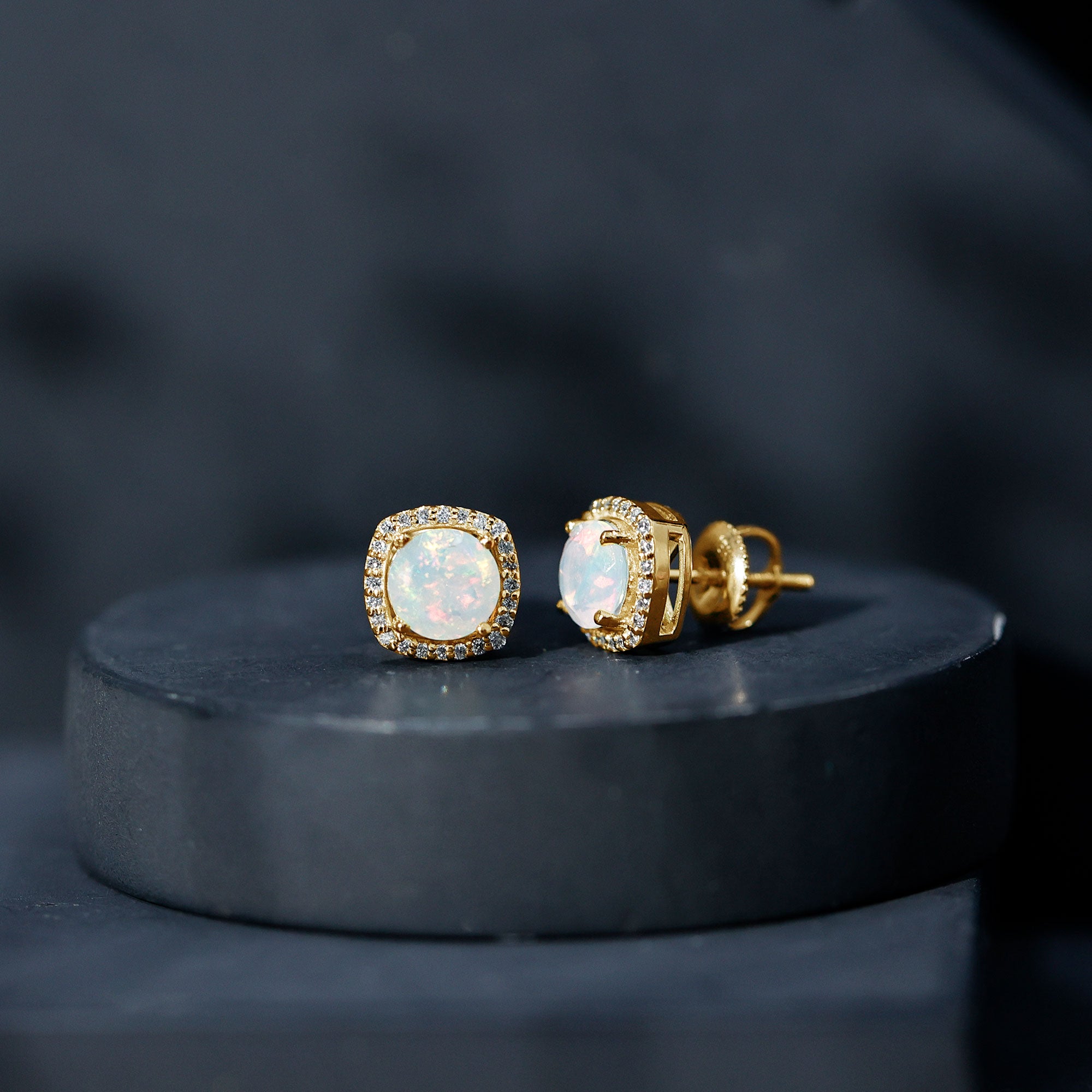Real 1.6 Carat Ethiopian Opal and Diamond Halo Stud Earrings