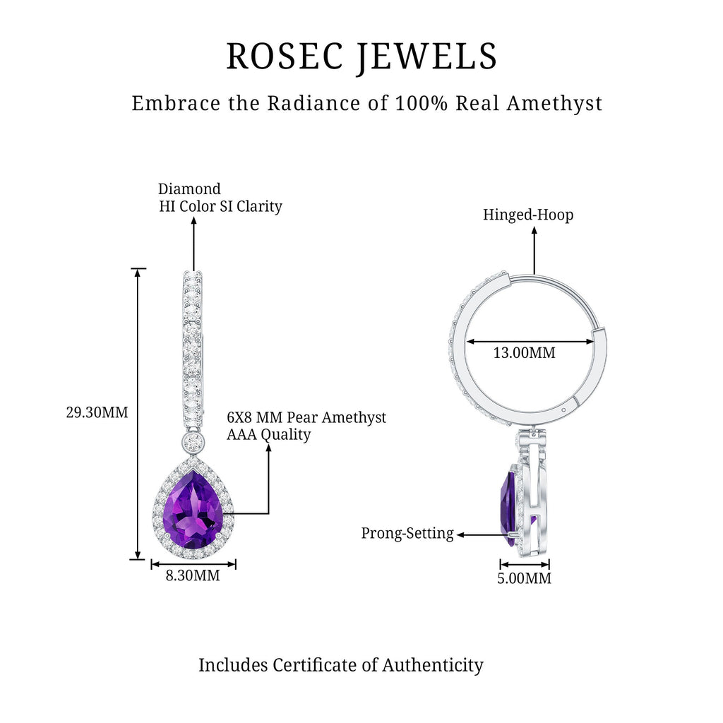 2 Carat Pear Cut Amethyst Hoop Drop Earrings with Diamond Halo