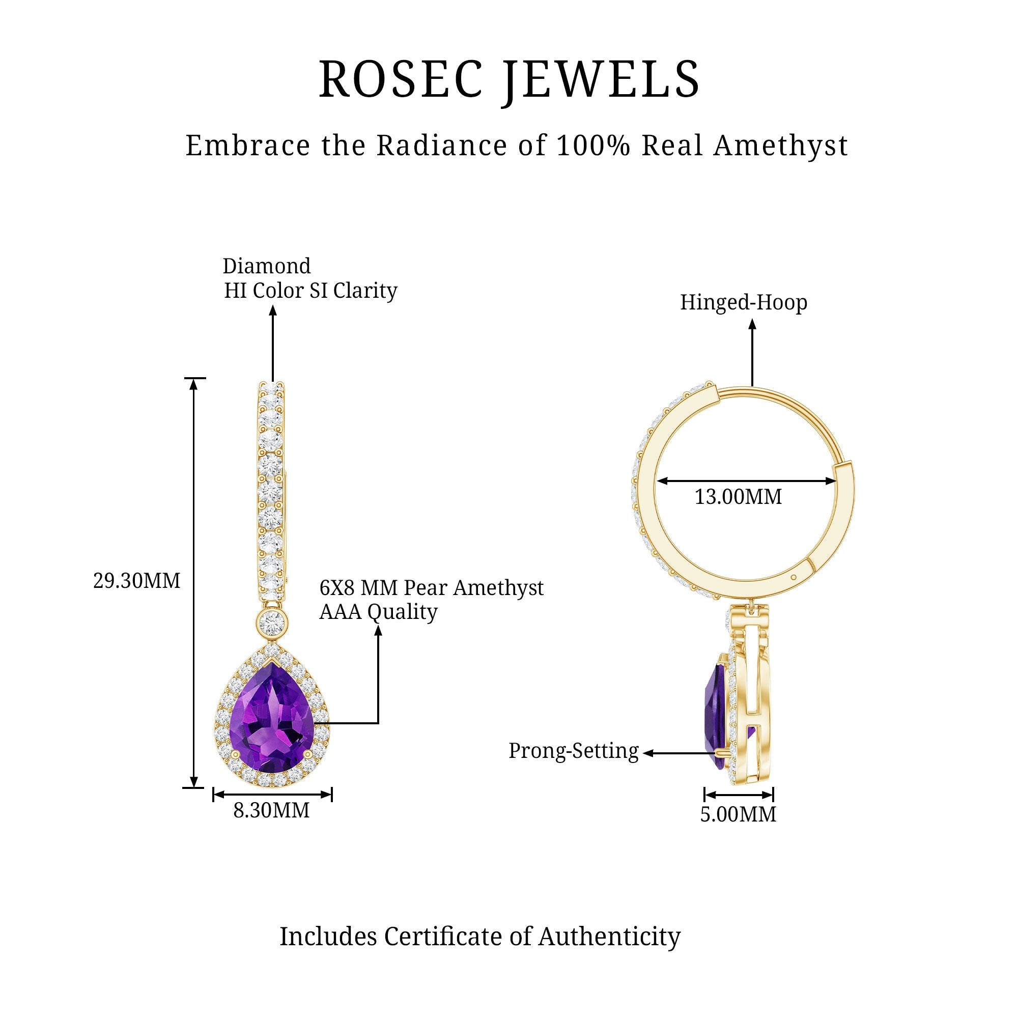 2 Carat Pear Cut Amethyst Hoop Drop Earrings with Diamond Halo