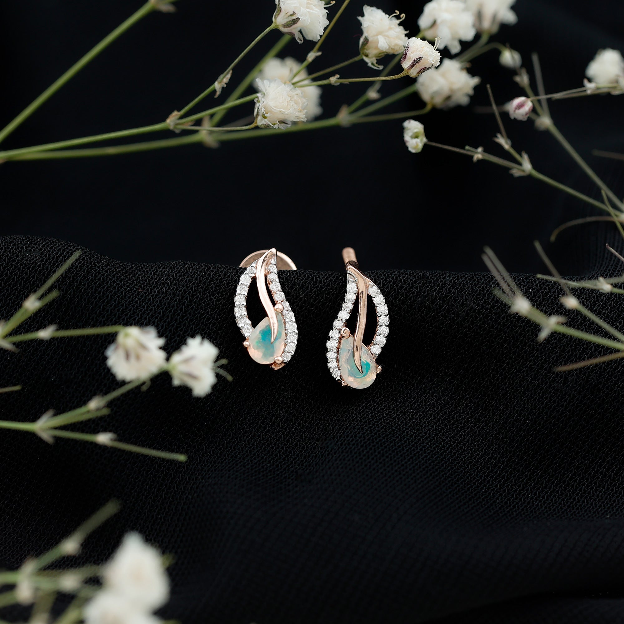 Pear Shape Ethiopian Opal Leaf Stud Earrings with Moissanite