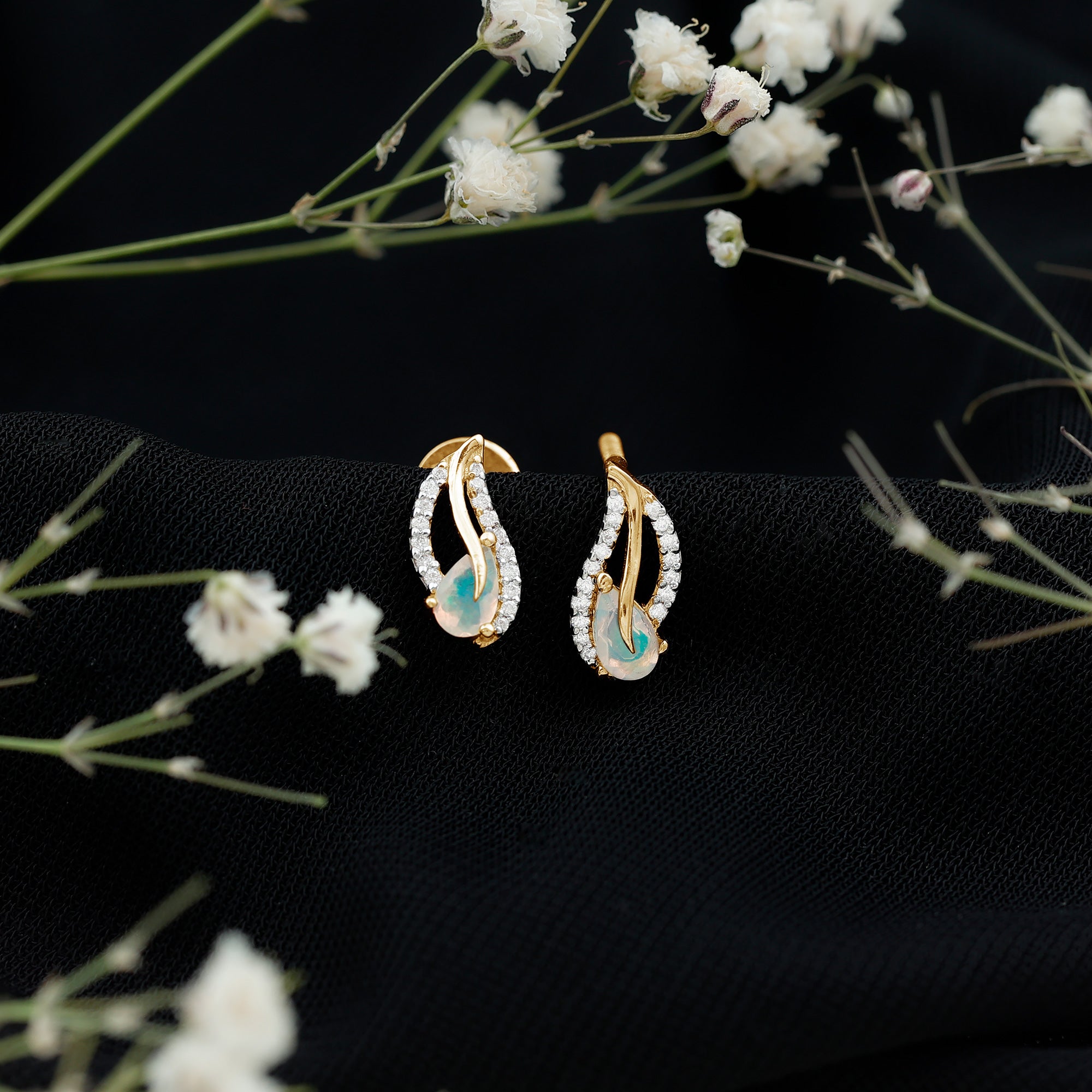Pear Shape Ethiopian Opal Leaf Stud Earrings with Moissanite