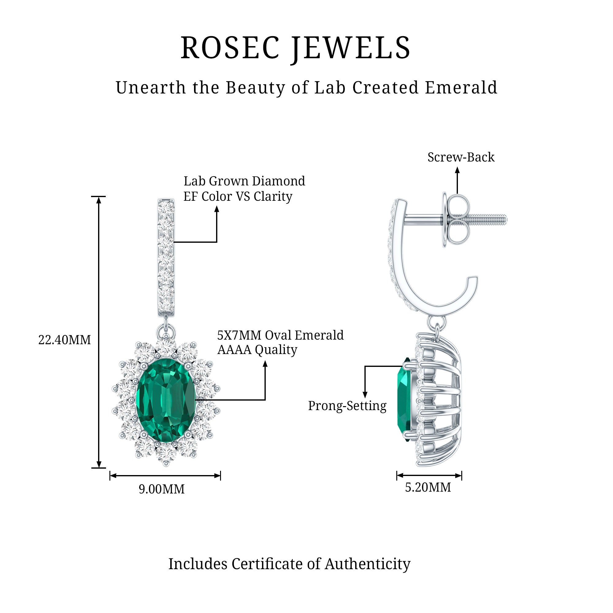 1.7 Carat Oval Shape Lab Grown Emerald Drop Earrings with Diamond