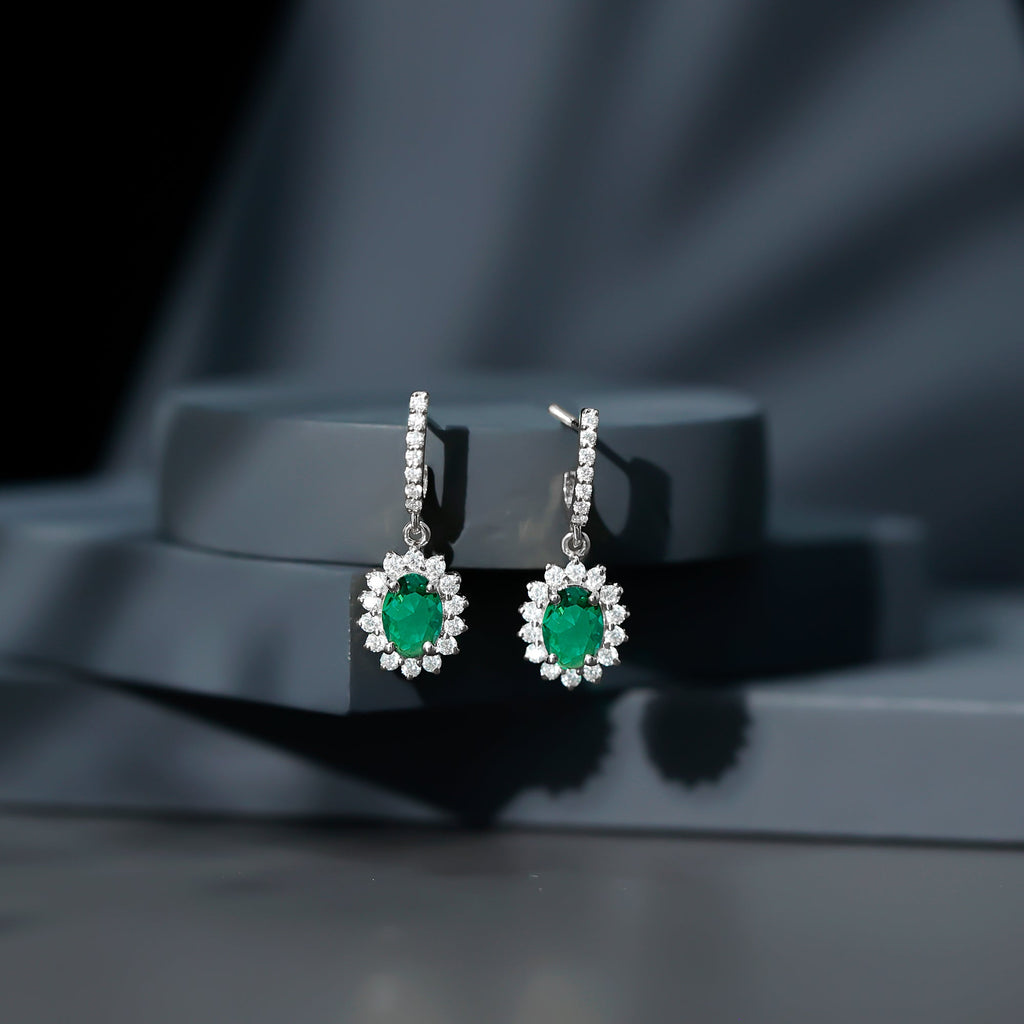 1.7 Carat Oval Shape Lab Grown Emerald Drop Earrings with Diamond
