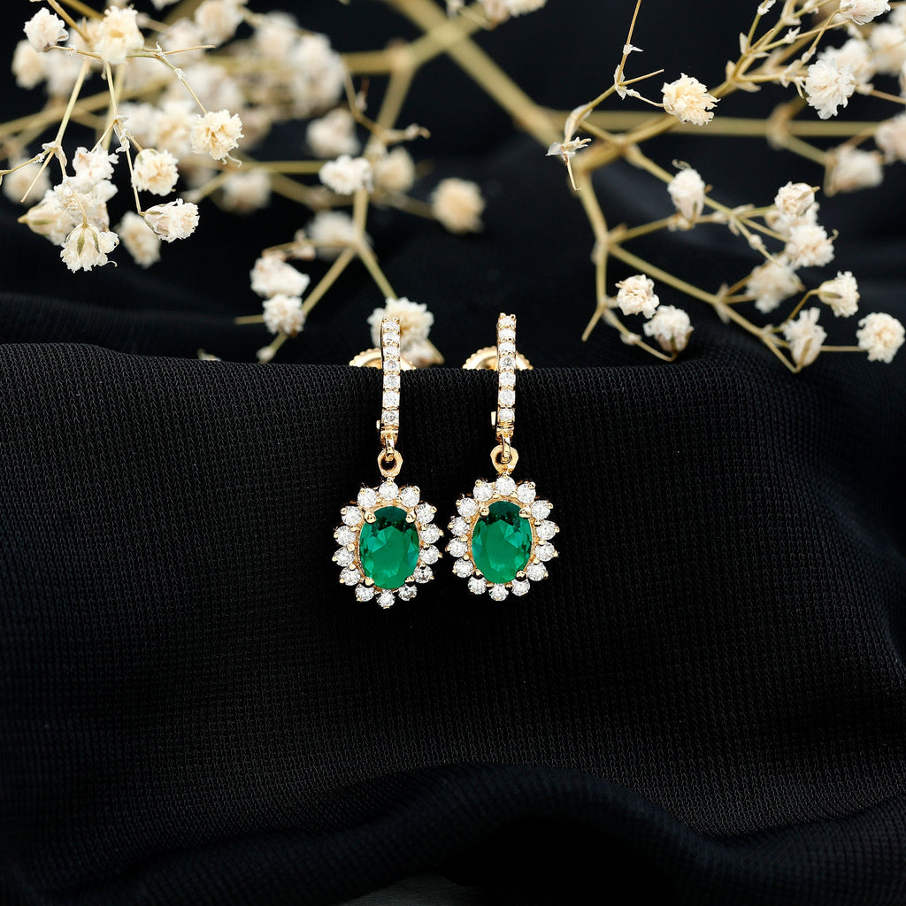 1.7 Carat Oval Shape Lab Grown Emerald Drop Earrings with Diamond