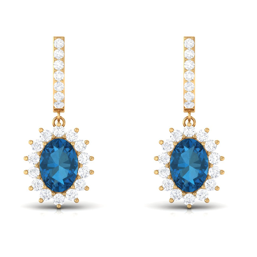 Natural 2.2 Carat London Blue Topaz Drop Earrings with Diamond Halo