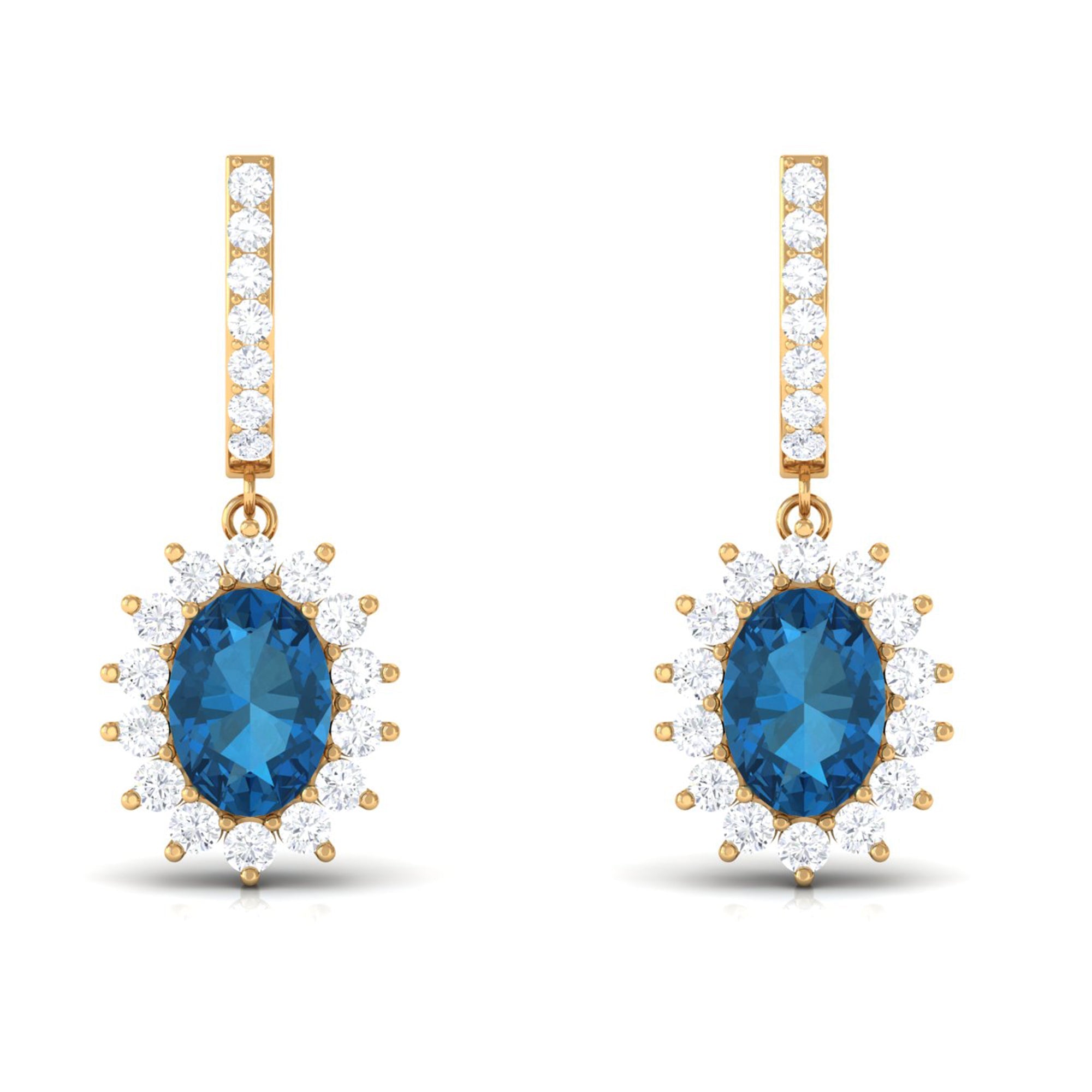 Natural 2.2 Carat London Blue Topaz Drop Earrings with Diamond Halo