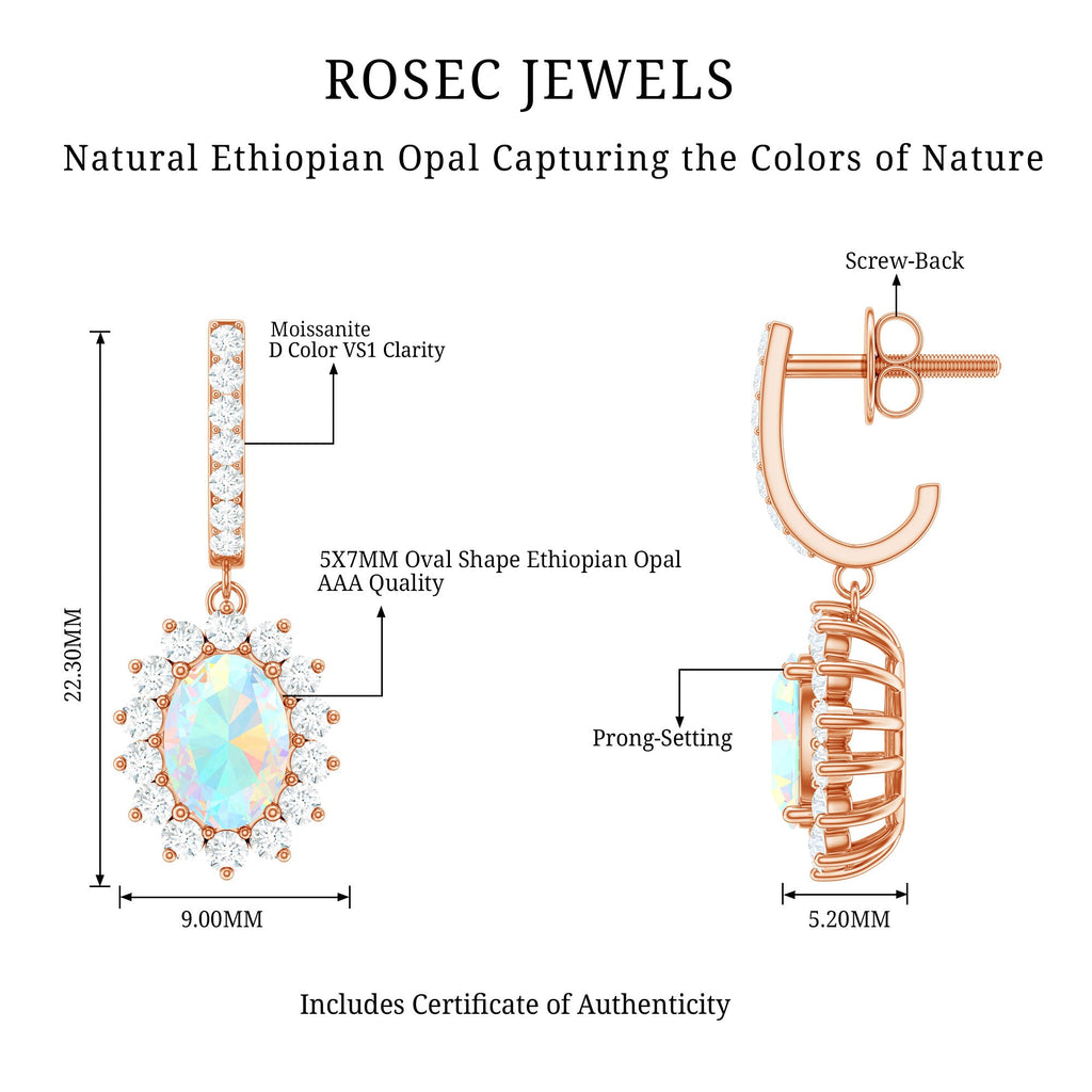 Genuine Ethiopian Opal and Moissanite Hoop Drop Earrings
