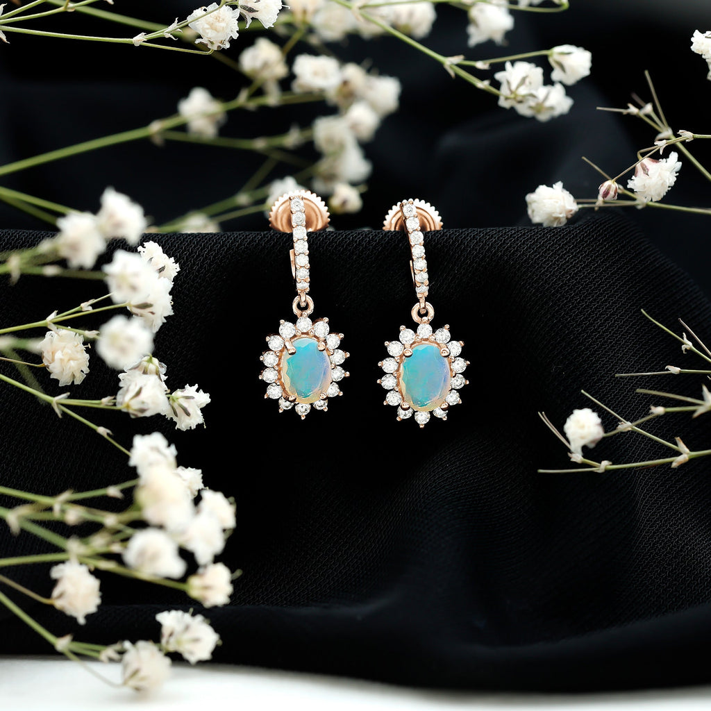 Genuine Ethiopian Opal and Moissanite Hoop Drop Earrings