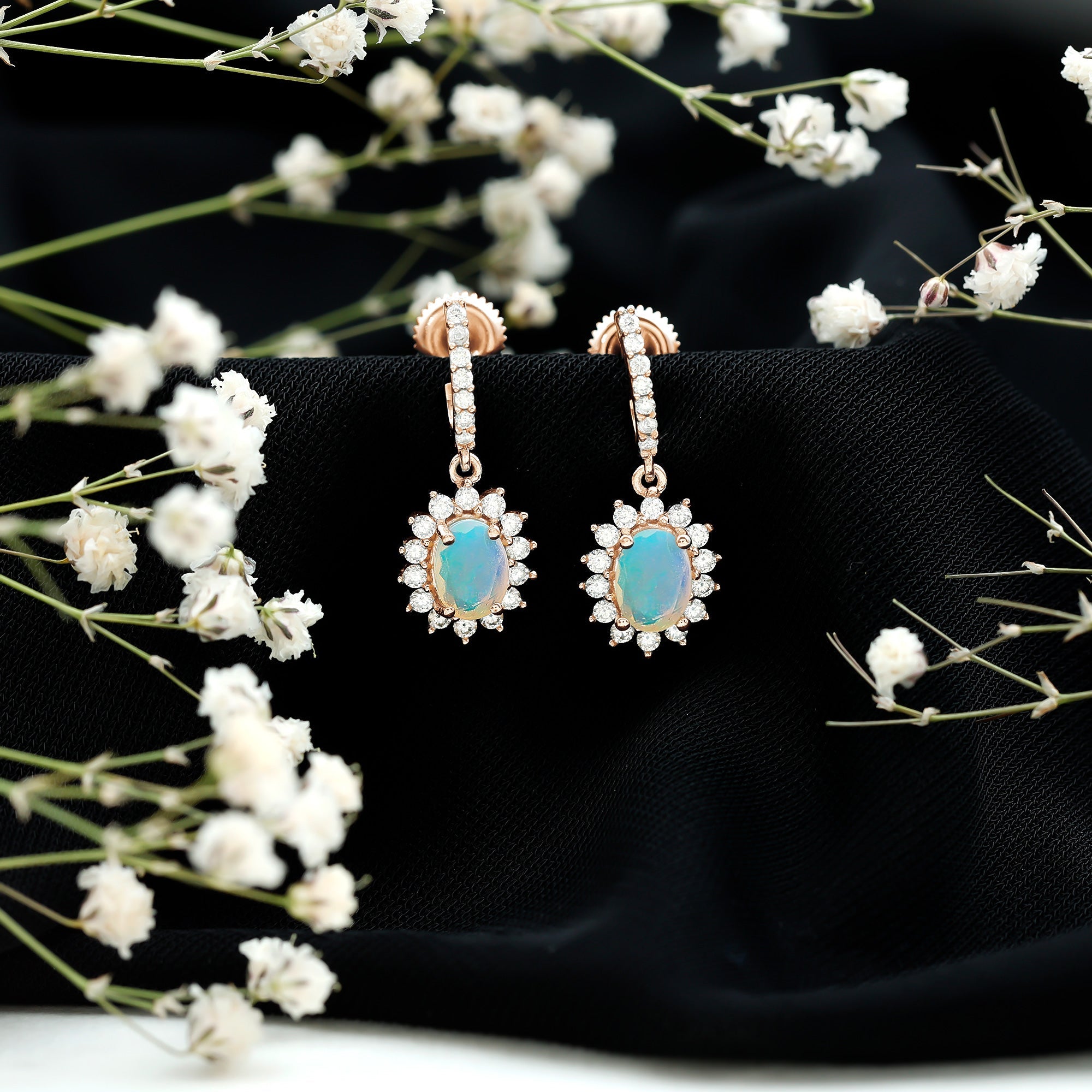 Genuine Ethiopian Opal and Moissanite Hoop Drop Earrings