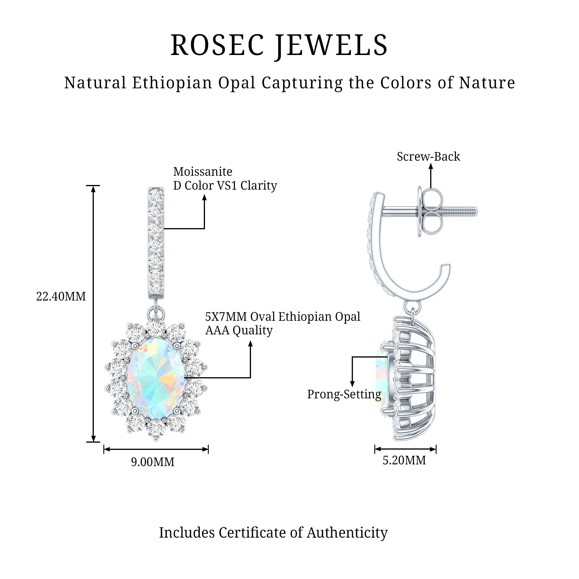 Genuine Ethiopian Opal and Moissanite Hoop Drop Earrings