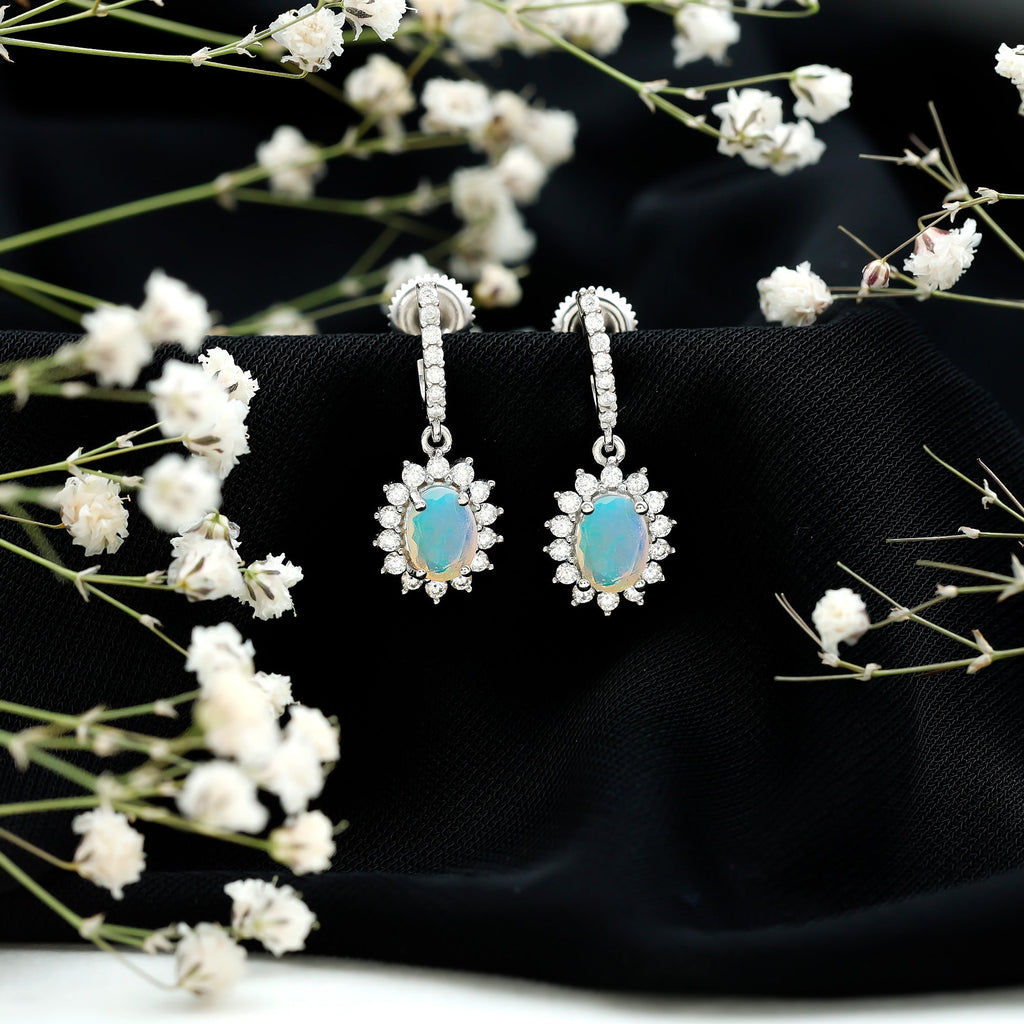 Genuine Ethiopian Opal and Moissanite Hoop Drop Earrings