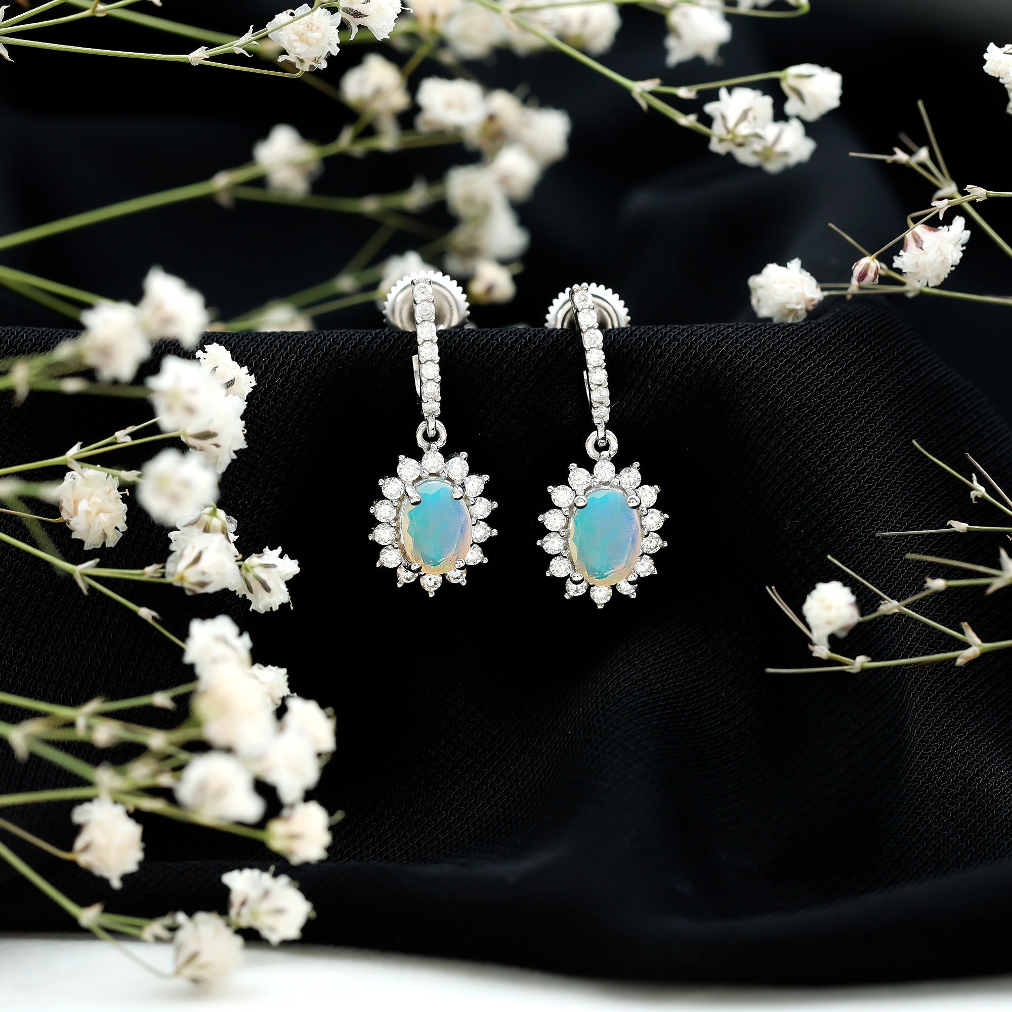 Genuine Ethiopian Opal and Moissanite Hoop Drop Earrings