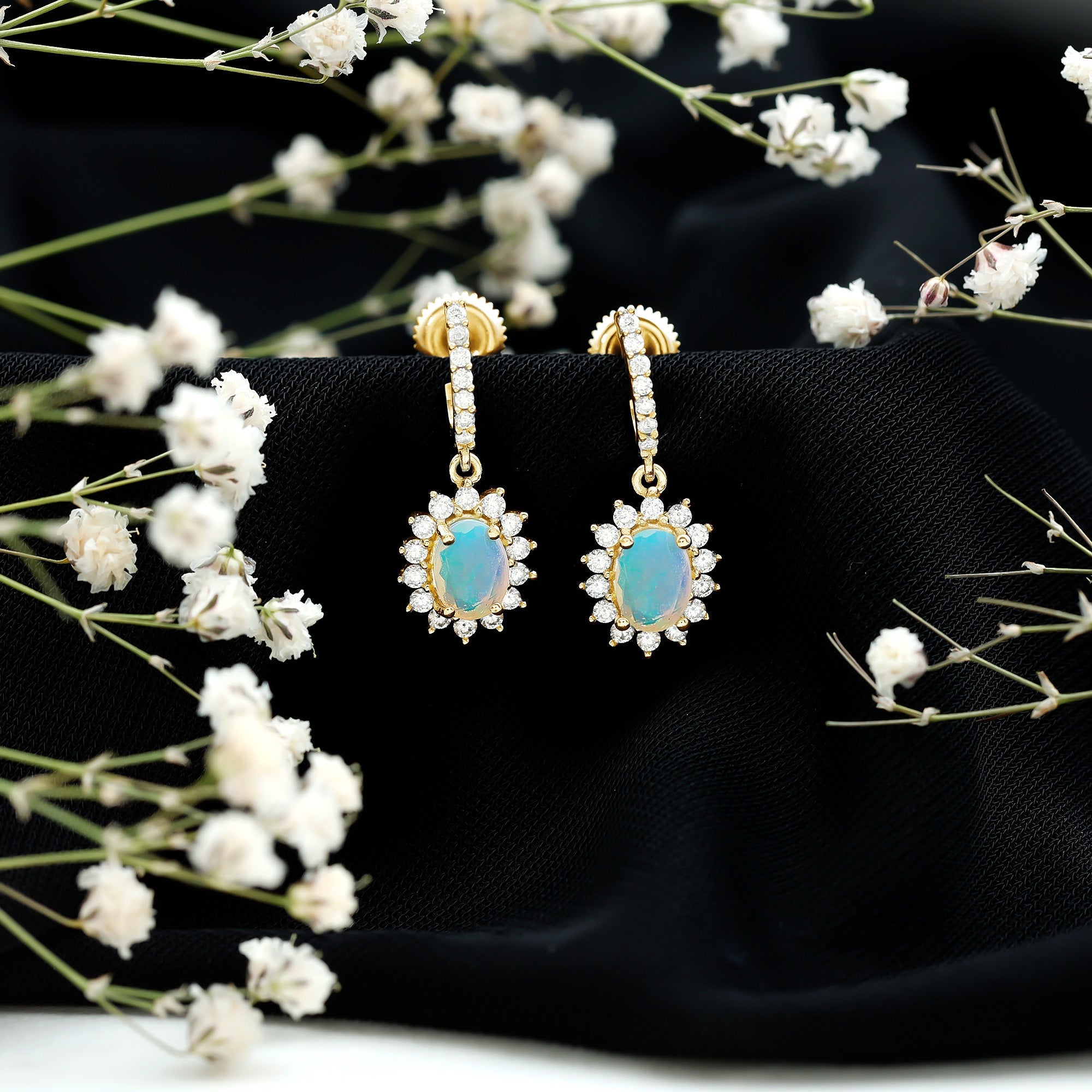 Genuine Ethiopian Opal and Moissanite Hoop Drop Earrings