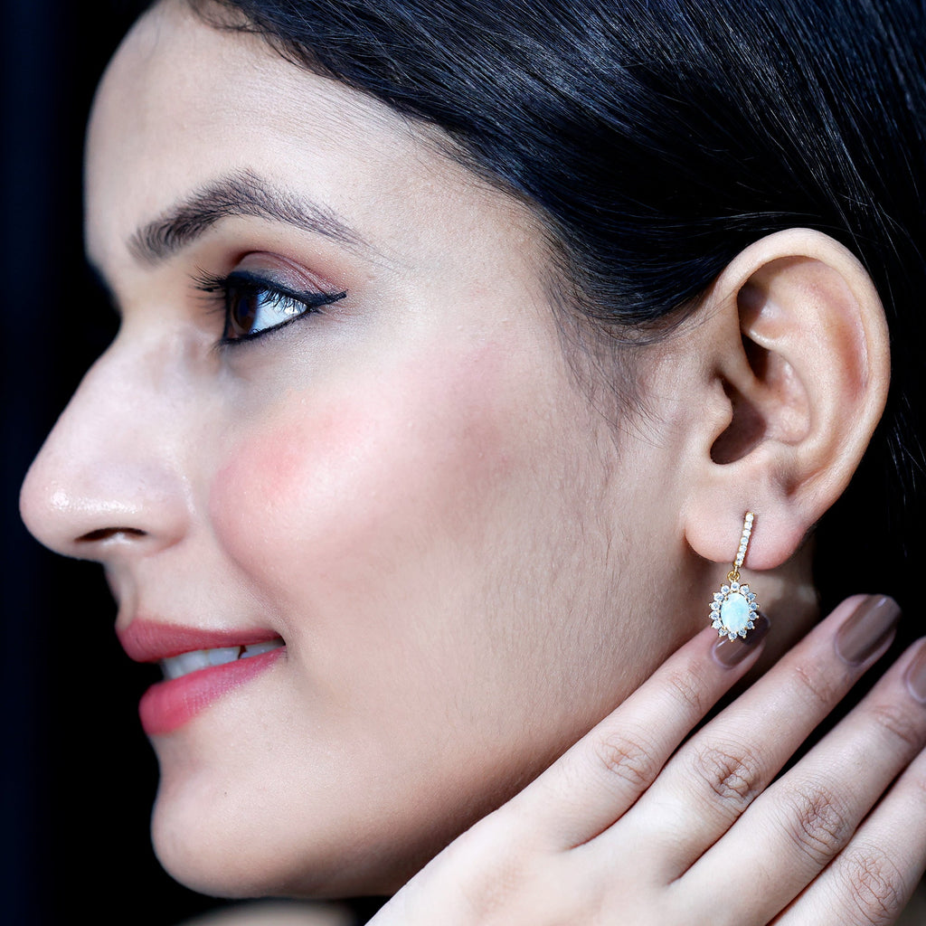 Genuine Ethiopian Opal and Moissanite Hoop Drop Earrings