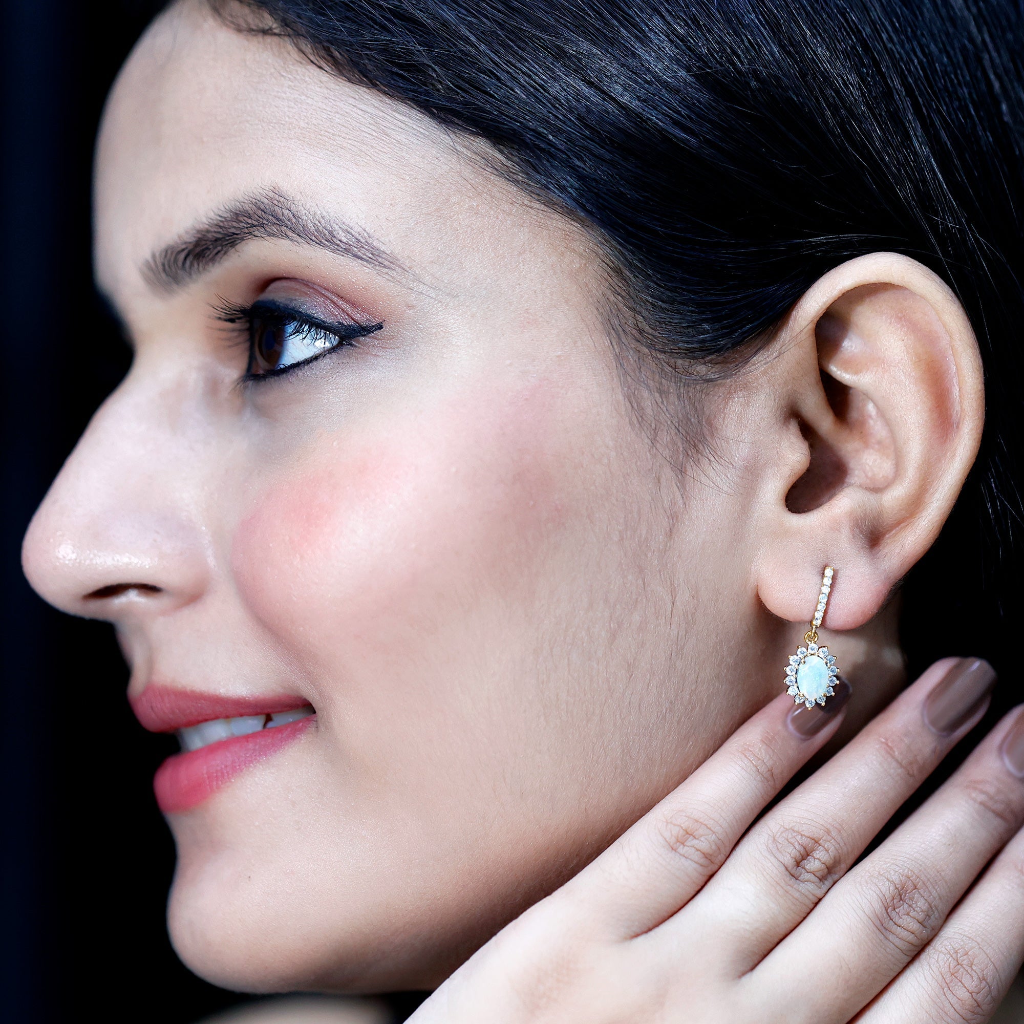 Genuine Ethiopian Opal and Moissanite Hoop Drop Earrings