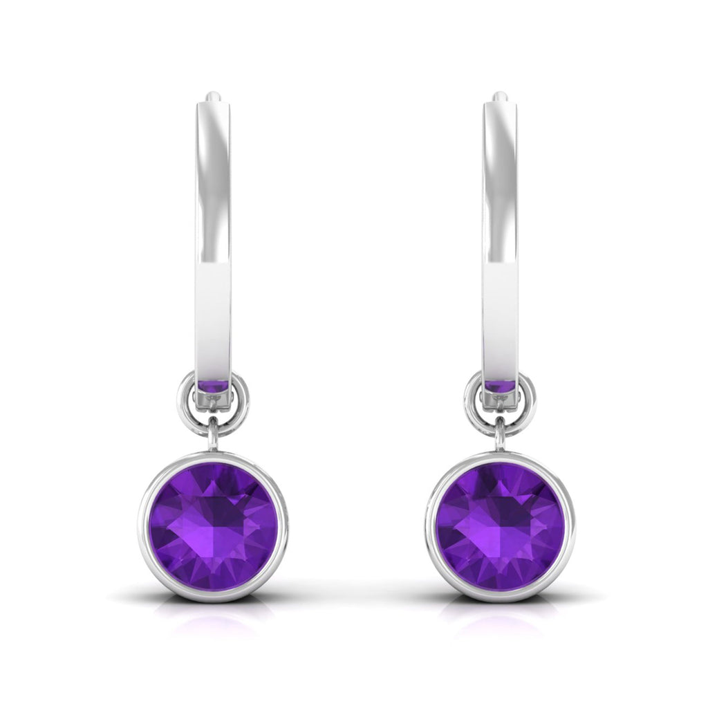 Certified Natural Amethyst Hoop Drop Earrings in Bezel Setting