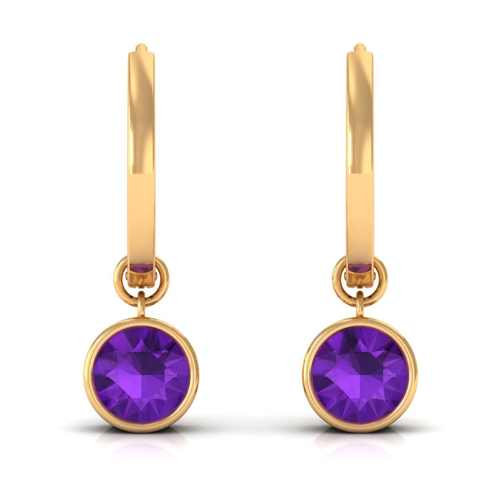 Certified Natural Amethyst Hoop Drop Earrings in Bezel Setting