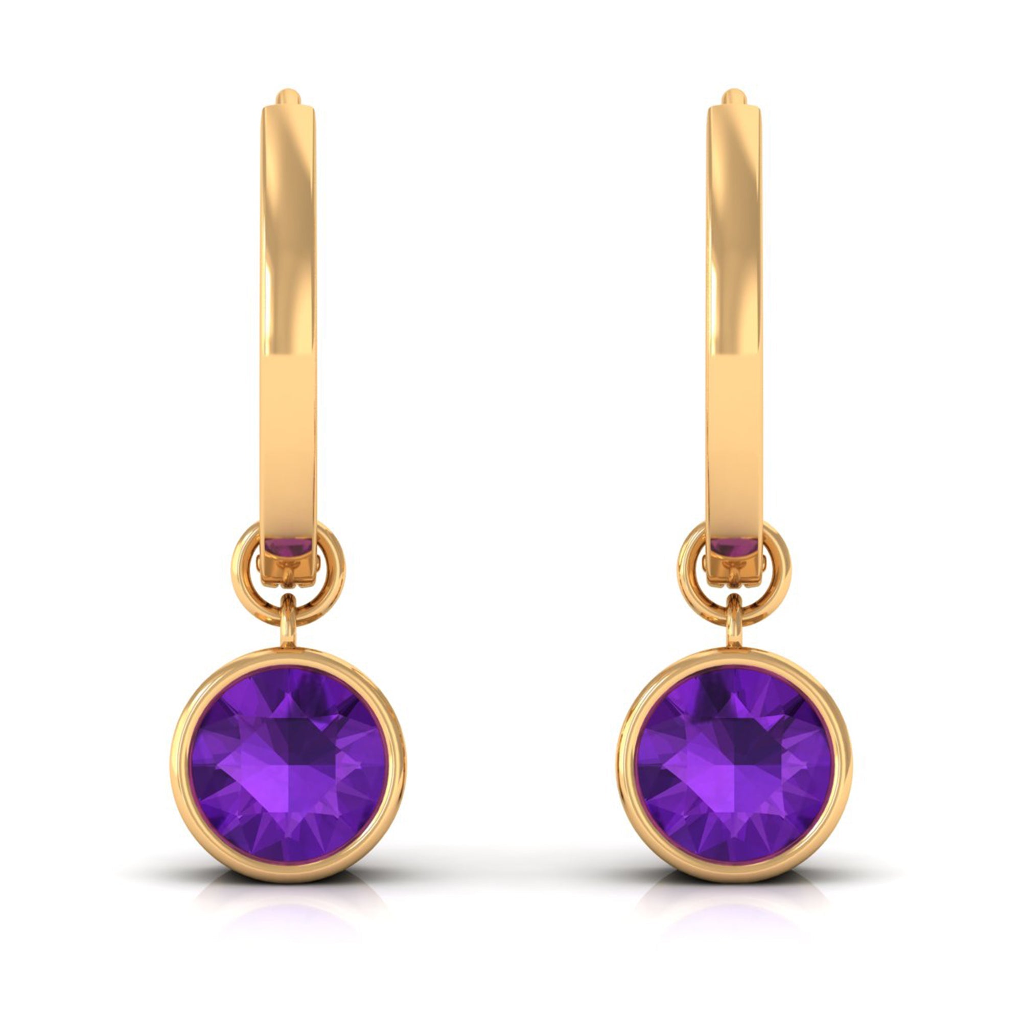 Certified Natural Amethyst Hoop Drop Earrings in Bezel Setting