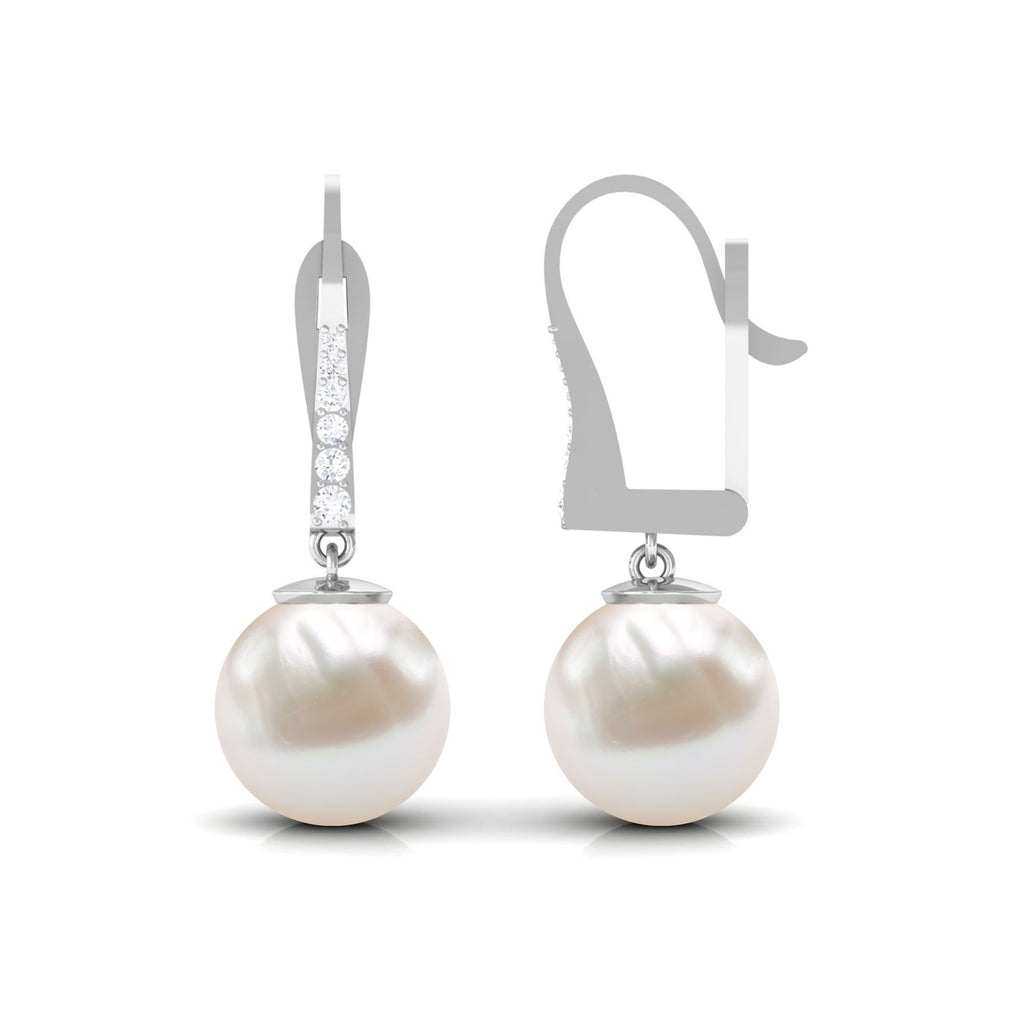 Simple Freshwater Pearl and Diamond Drop Earrings with Lever Back