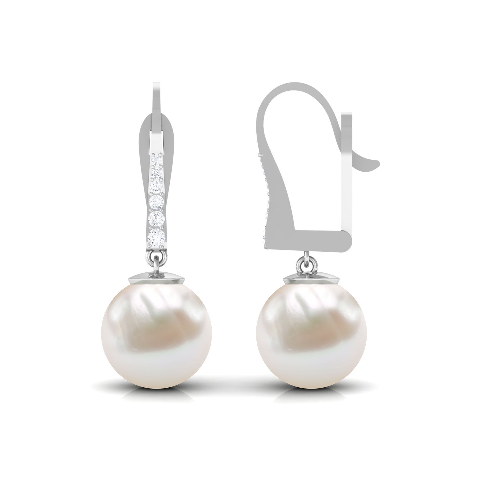 Simple Freshwater Pearl and Diamond Drop Earrings with Lever Back