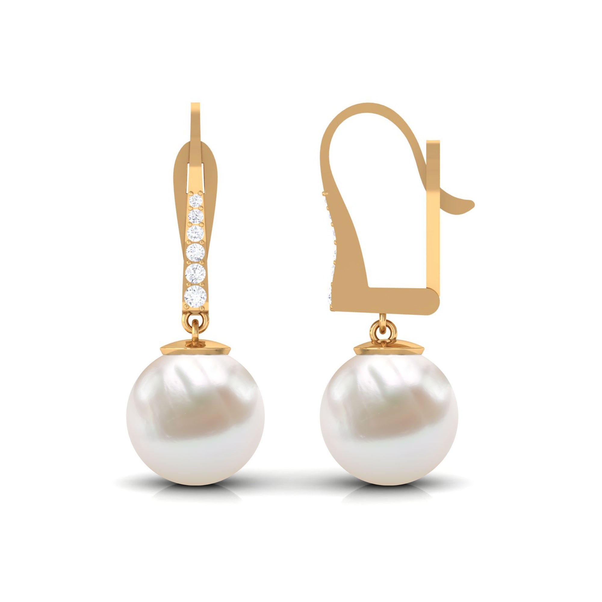 Simple Freshwater Pearl and Diamond Drop Earrings with Lever Back
