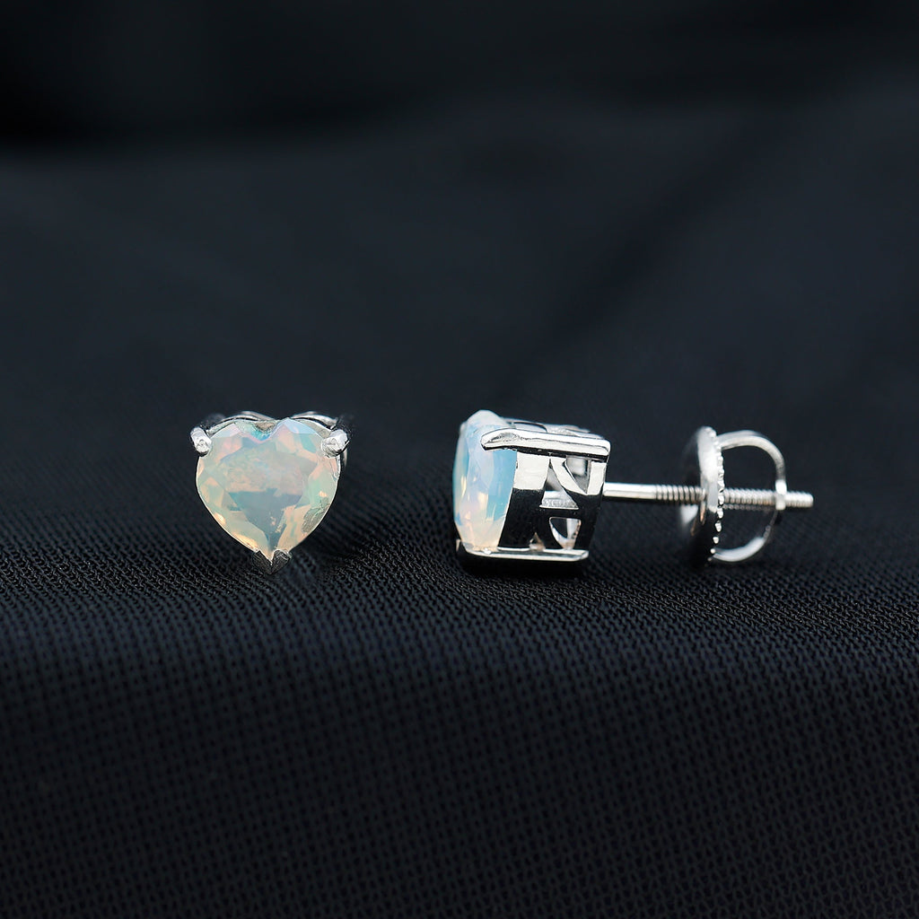 1.5 Carat Heart Shape Real Ethiopian Opal Stud Earrings