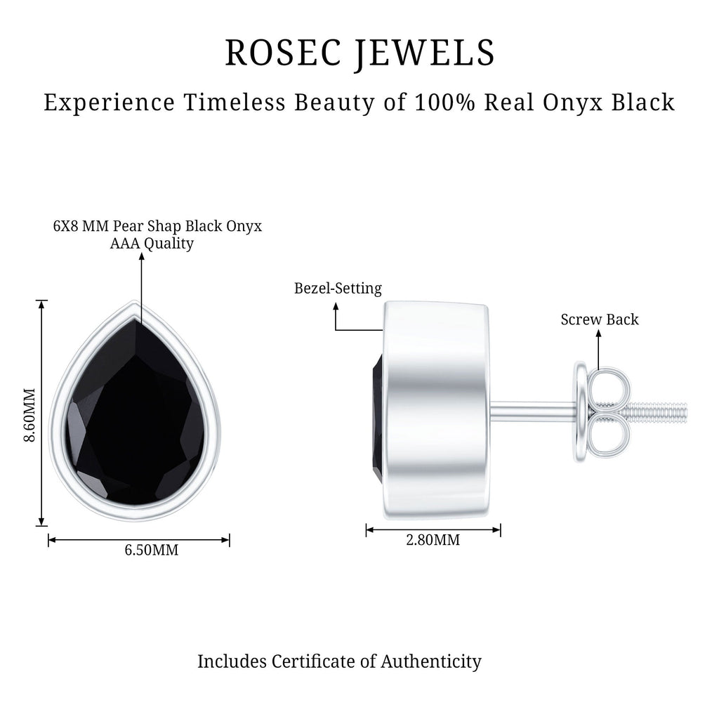 Genuine Black Onyx Teardrop Stud Earrings in Bezel Set