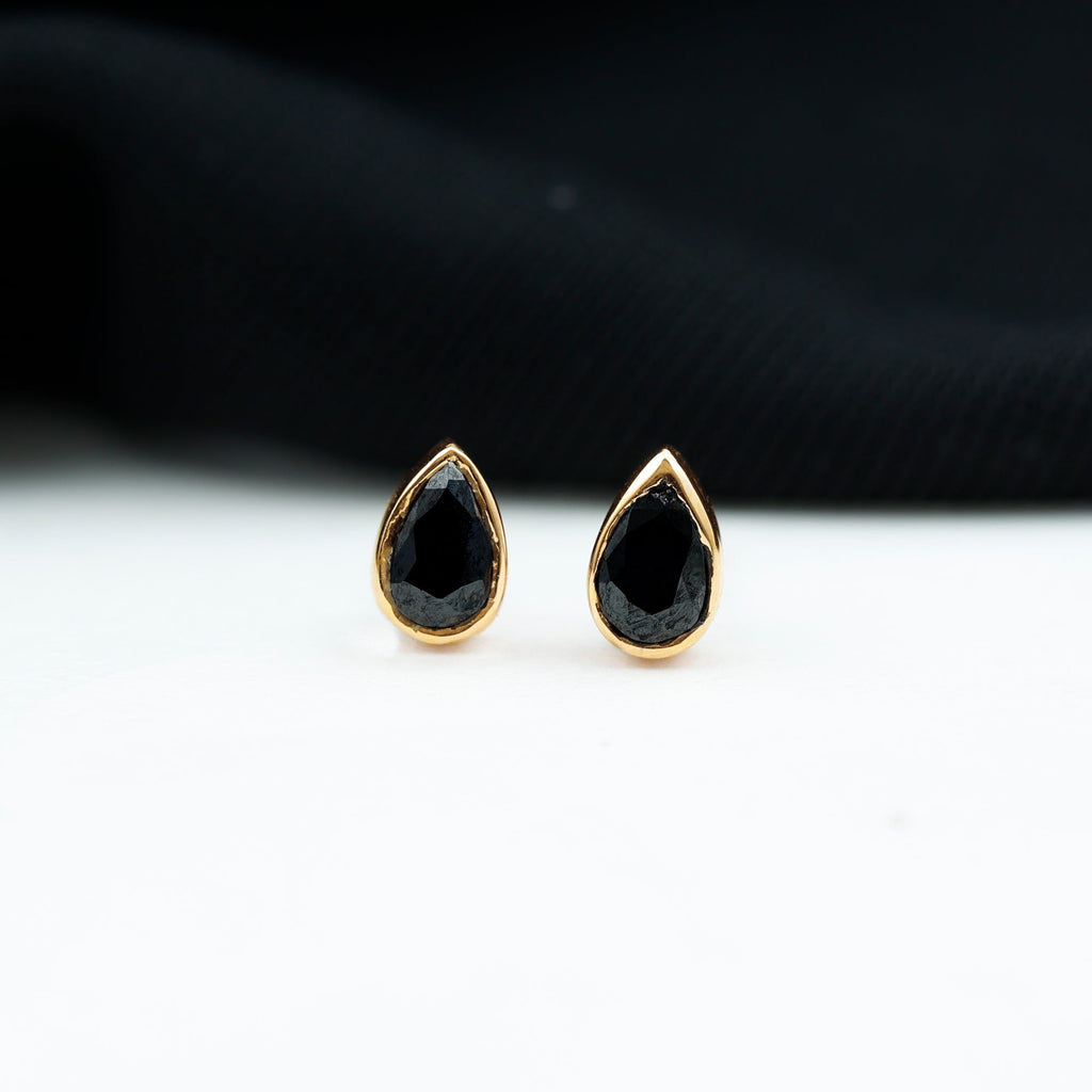 Genuine Black Onyx Teardrop Stud Earrings in Bezel Set