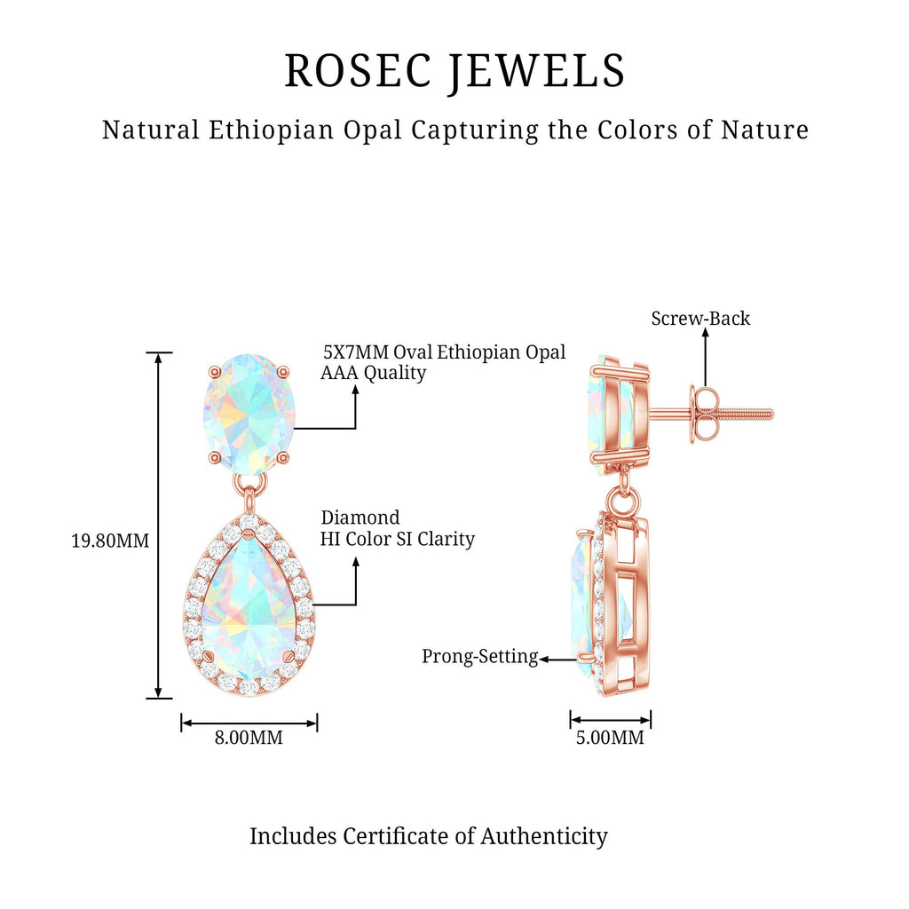 Genuine 1.8 Carat Ethiopian Opal Drop Dangle Earrings with Diamond Halo