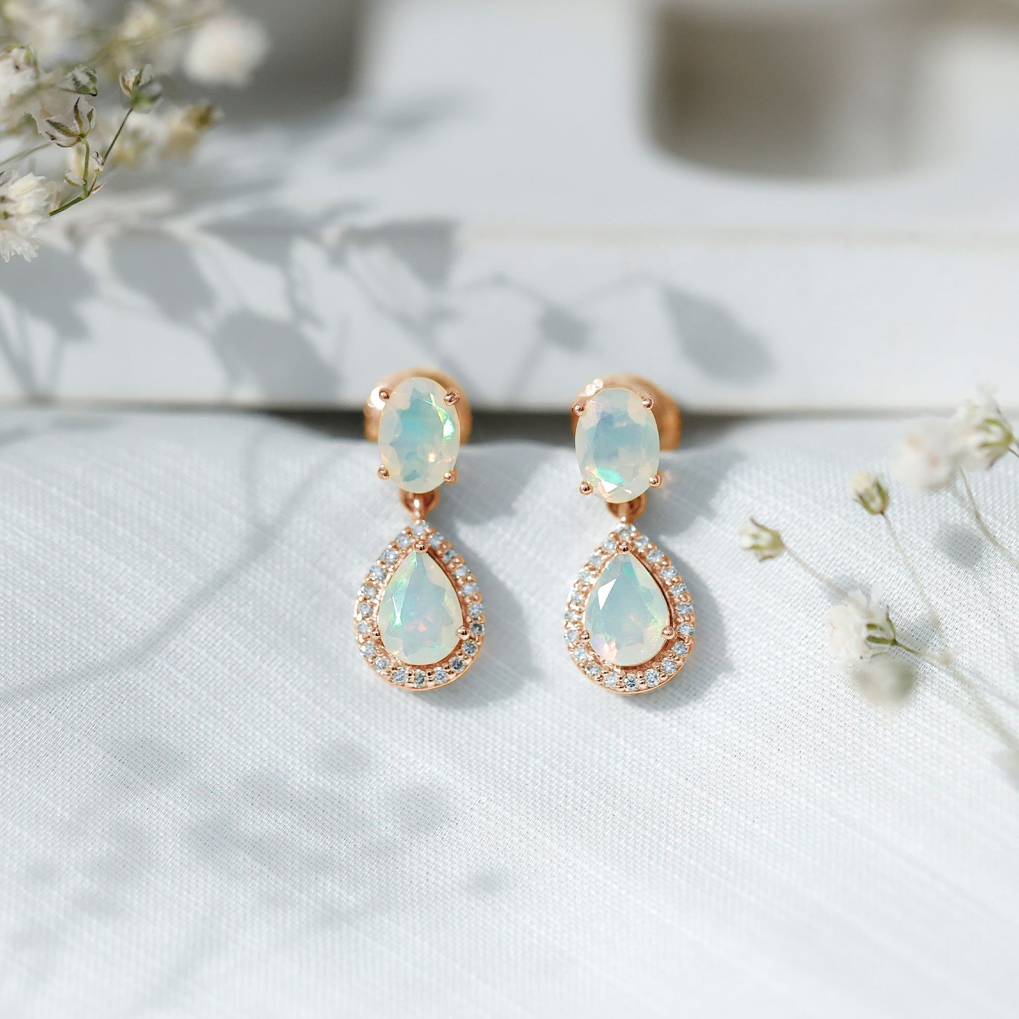 Genuine 1.8 Carat Ethiopian Opal Drop Dangle Earrings with Diamond Halo