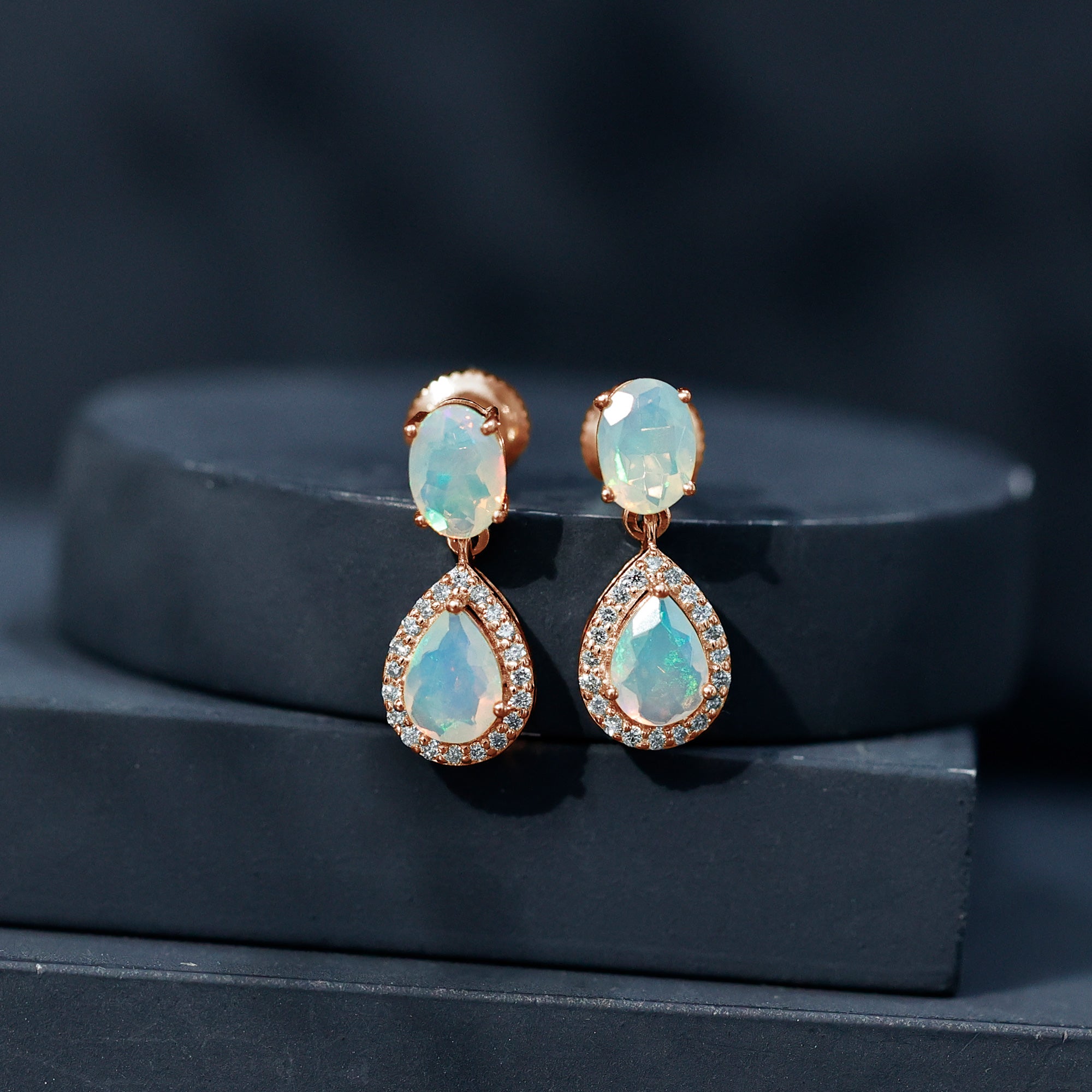 Genuine 1.8 Carat Ethiopian Opal Drop Dangle Earrings with Diamond Halo
