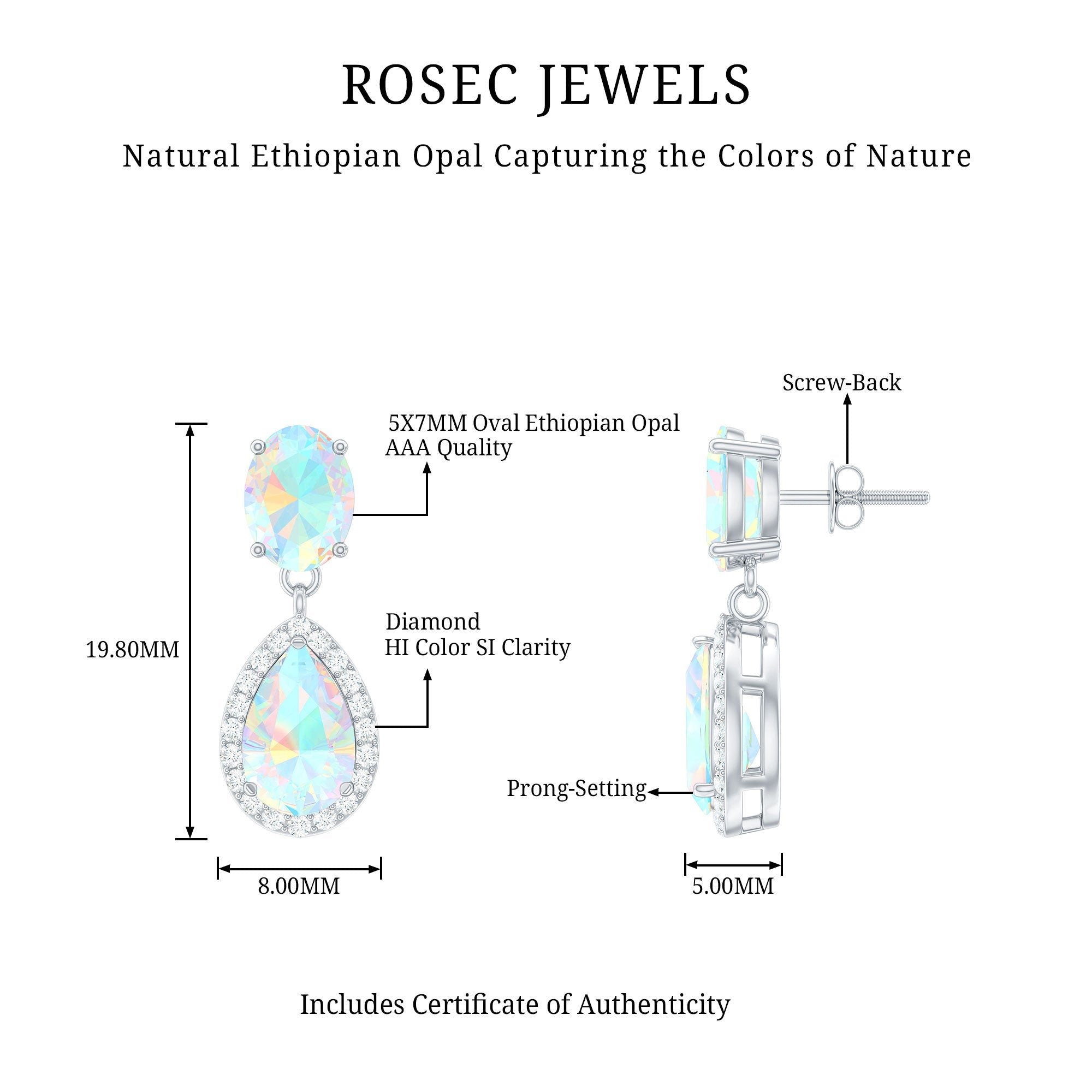 Genuine 1.8 Carat Ethiopian Opal Drop Dangle Earrings with Diamond Halo