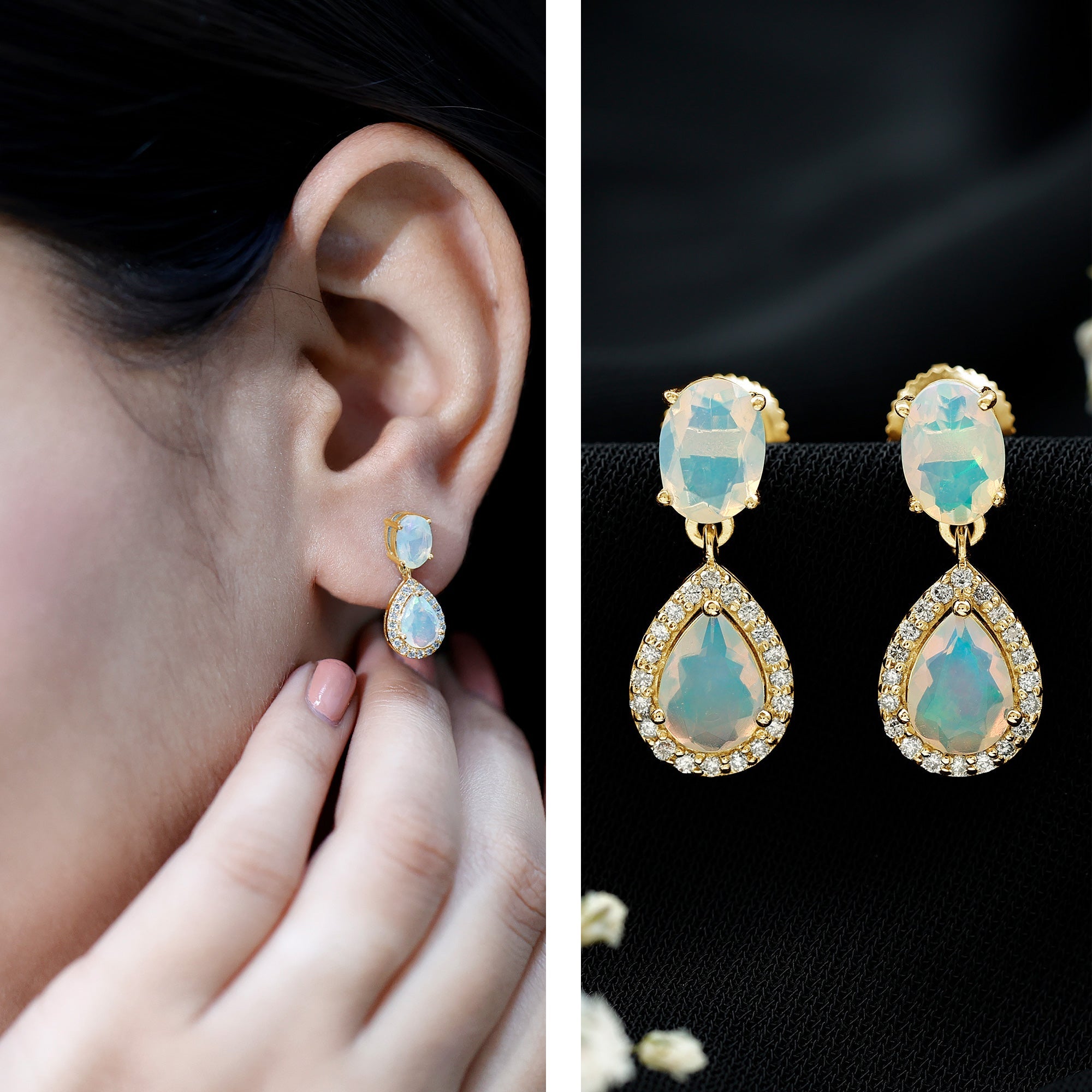 Genuine 1.8 Carat Ethiopian Opal Drop Dangle Earrings with Diamond Halo