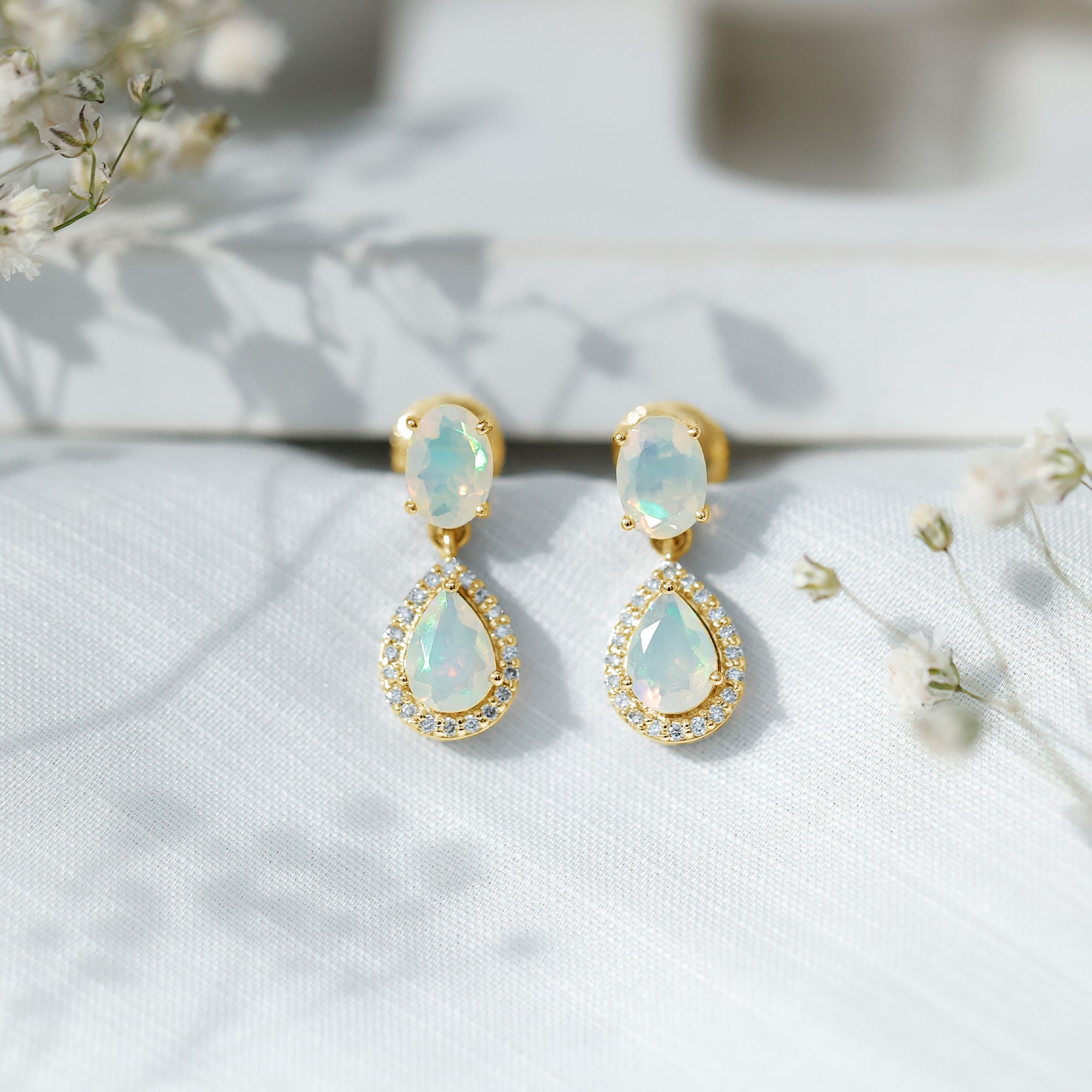 Genuine 1.8 Carat Ethiopian Opal Drop Dangle Earrings with Diamond Halo