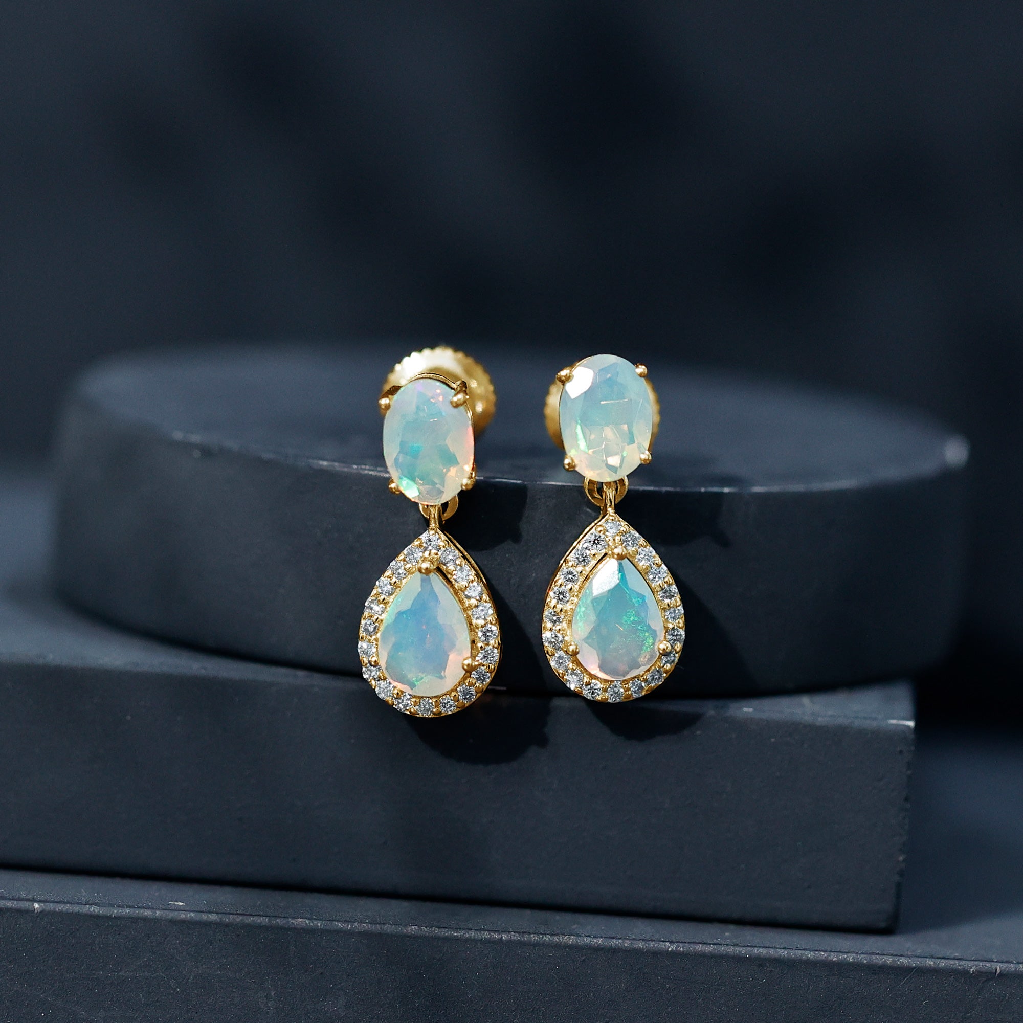 Genuine 1.8 Carat Ethiopian Opal Drop Dangle Earrings with Diamond Halo