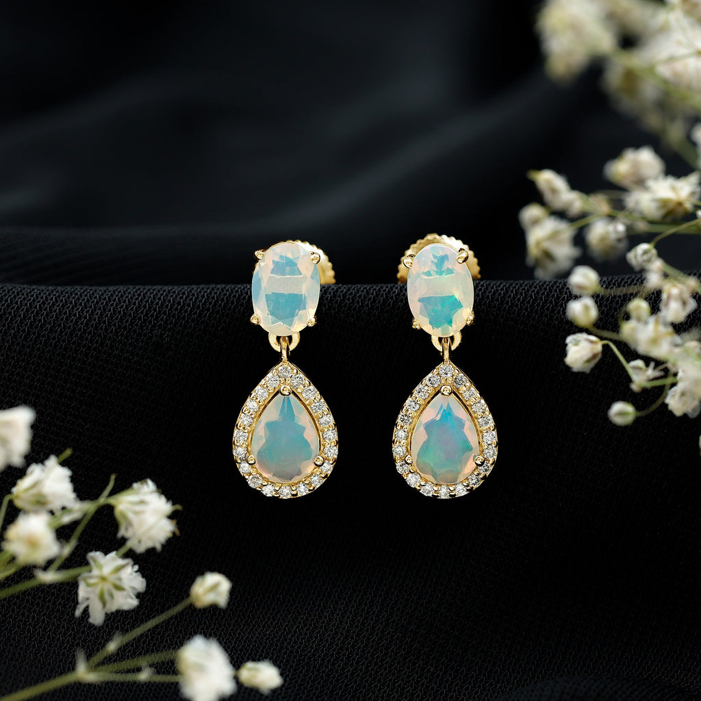 Genuine 1.8 Carat Ethiopian Opal Drop Dangle Earrings with Diamond Halo