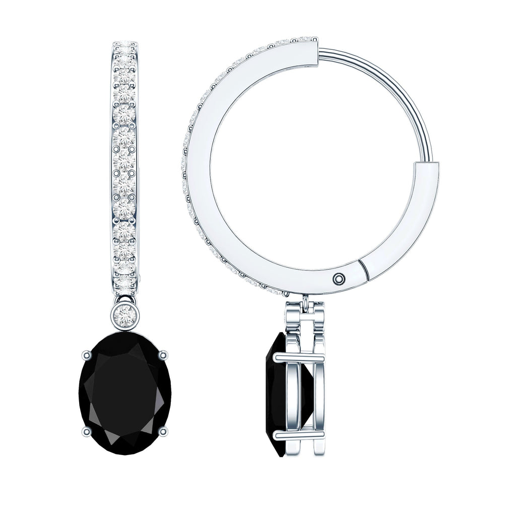 Natural 2.2 Carat Oval Black Onyx Hoop Drop Earrings with Diamond