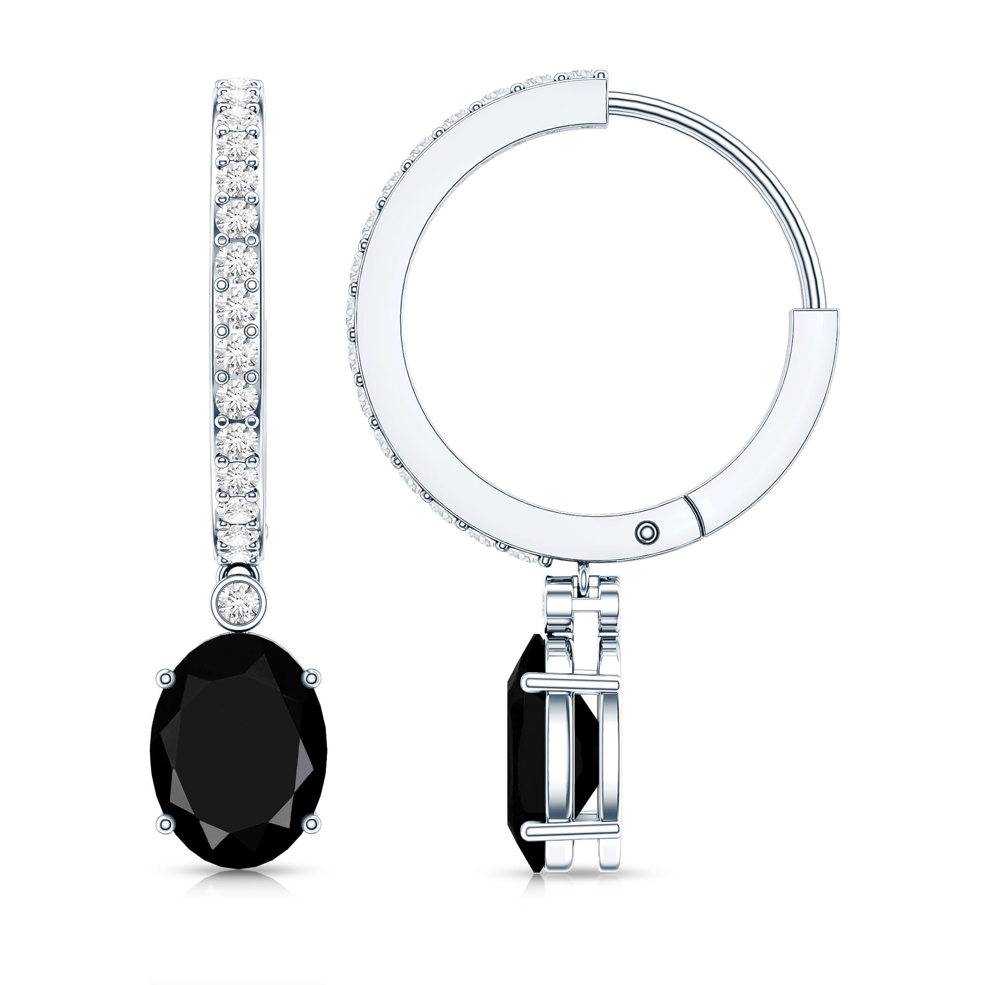 Natural 2.2 Carat Oval Black Onyx Hoop Drop Earrings with Diamond