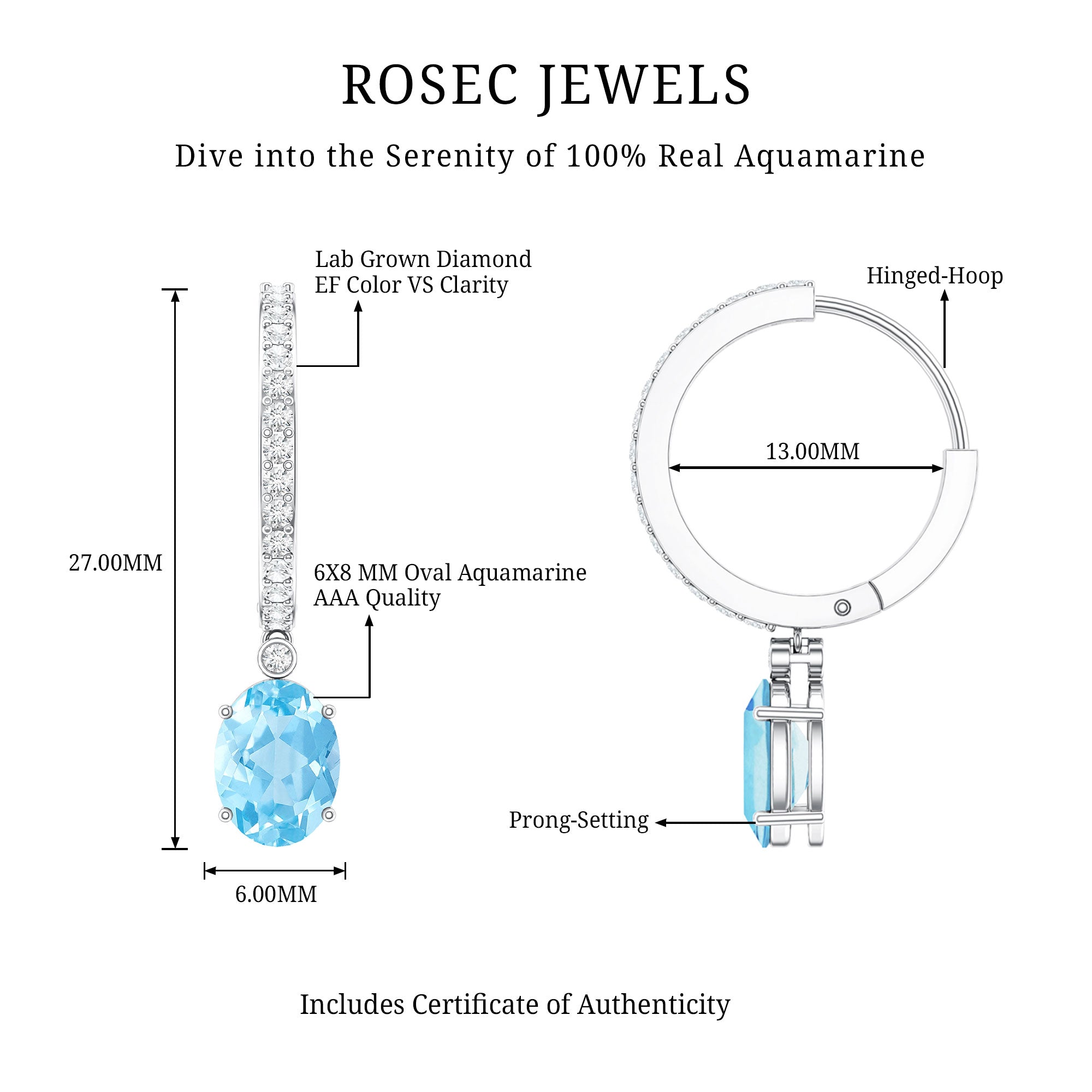 Genuine 2.2 Carat Oval Cut Aquamarine Hoop Drop Earrings with Diamond