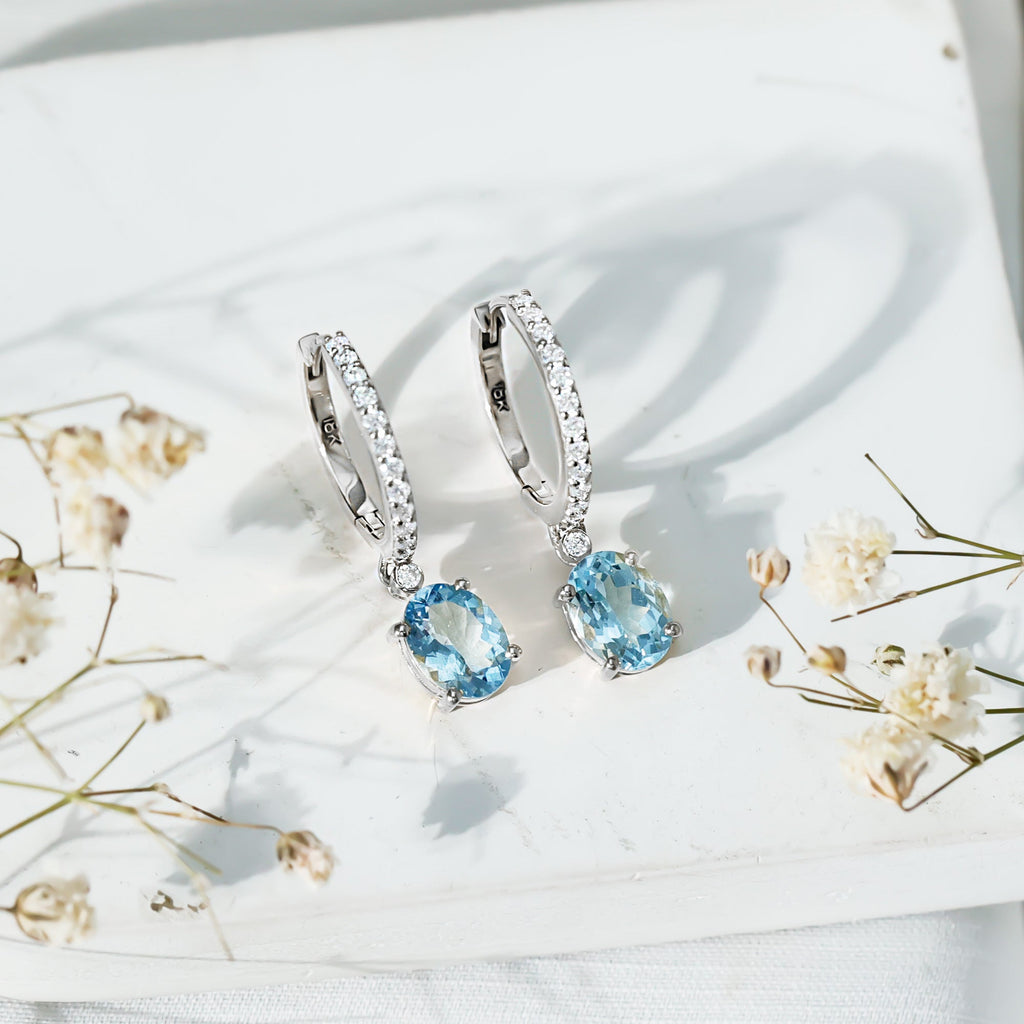 Genuine 2.2 Carat Oval Cut Aquamarine Hoop Drop Earrings with Diamond