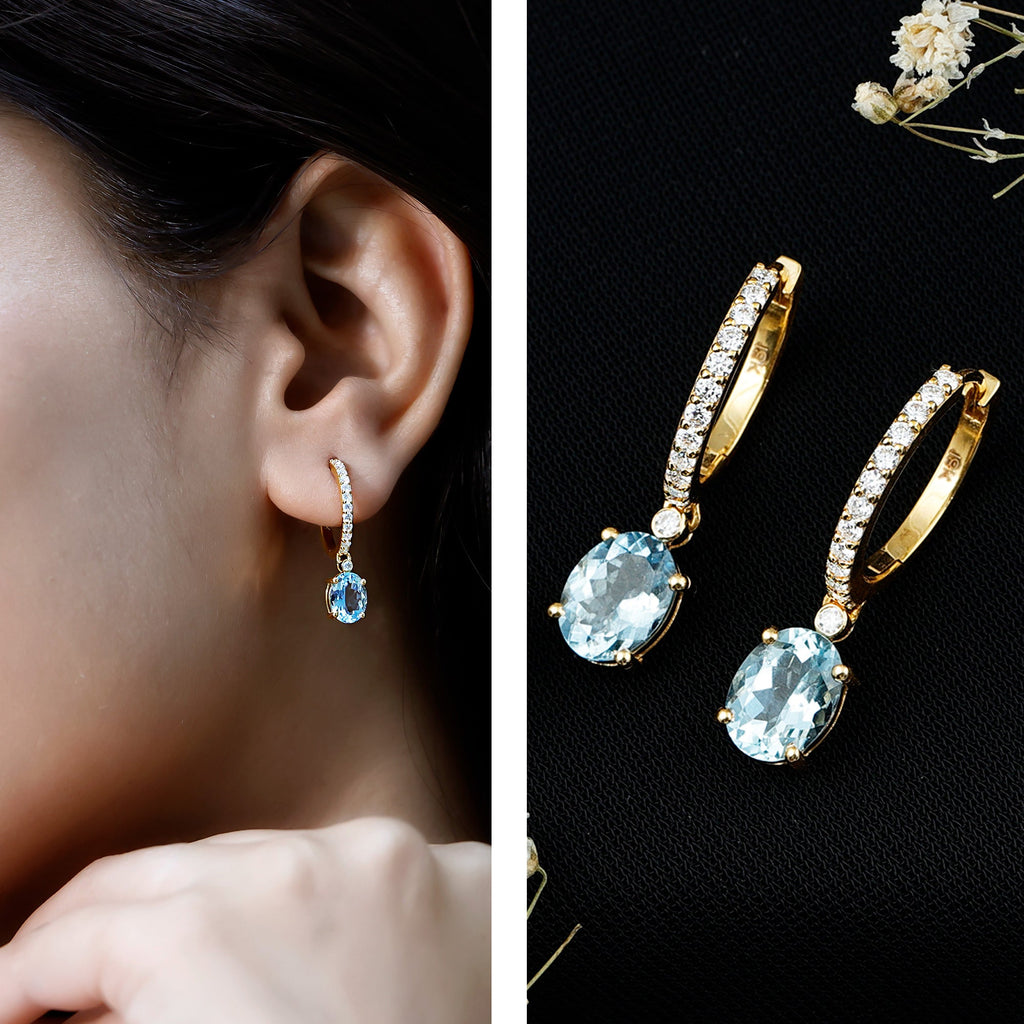 Genuine 2.2 Carat Oval Cut Aquamarine Hoop Drop Earrings with Diamond