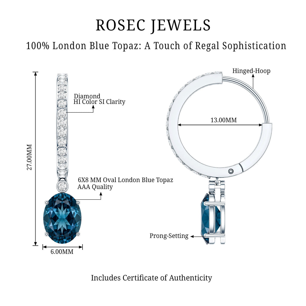 Natural Oval 2.2 Carat London Blue Topaz Drop hoop Earrings with Diamond