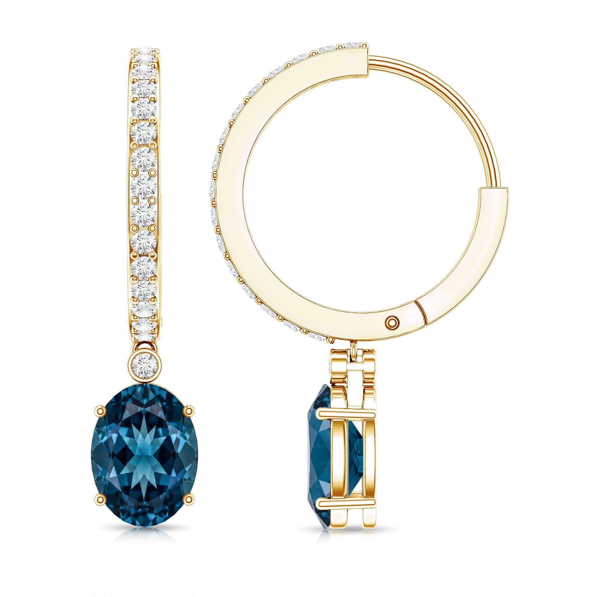 Natural Oval 2.2 Carat London Blue Topaz Drop hoop Earrings with Diamond
