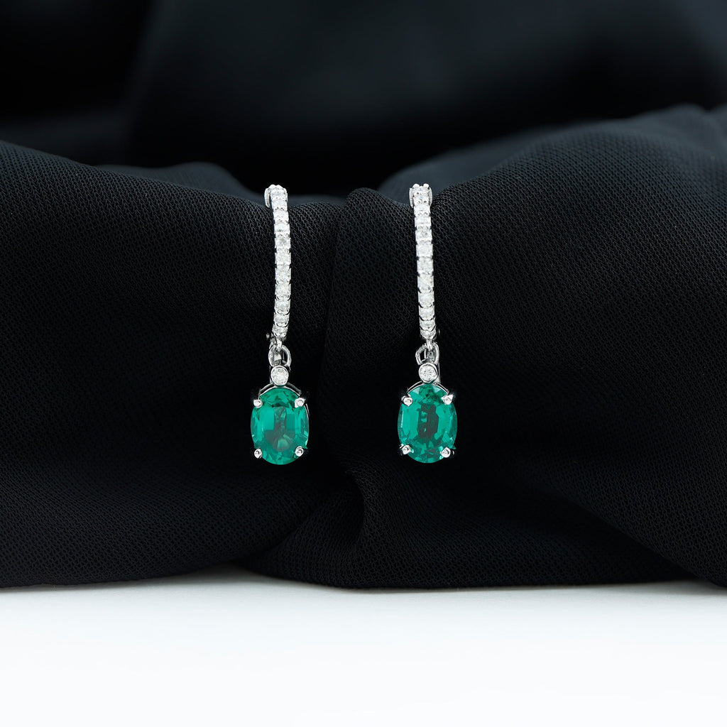 2.5 Carat Oval Cut Lab Grown Emerald and Diamond Hoop Earrings