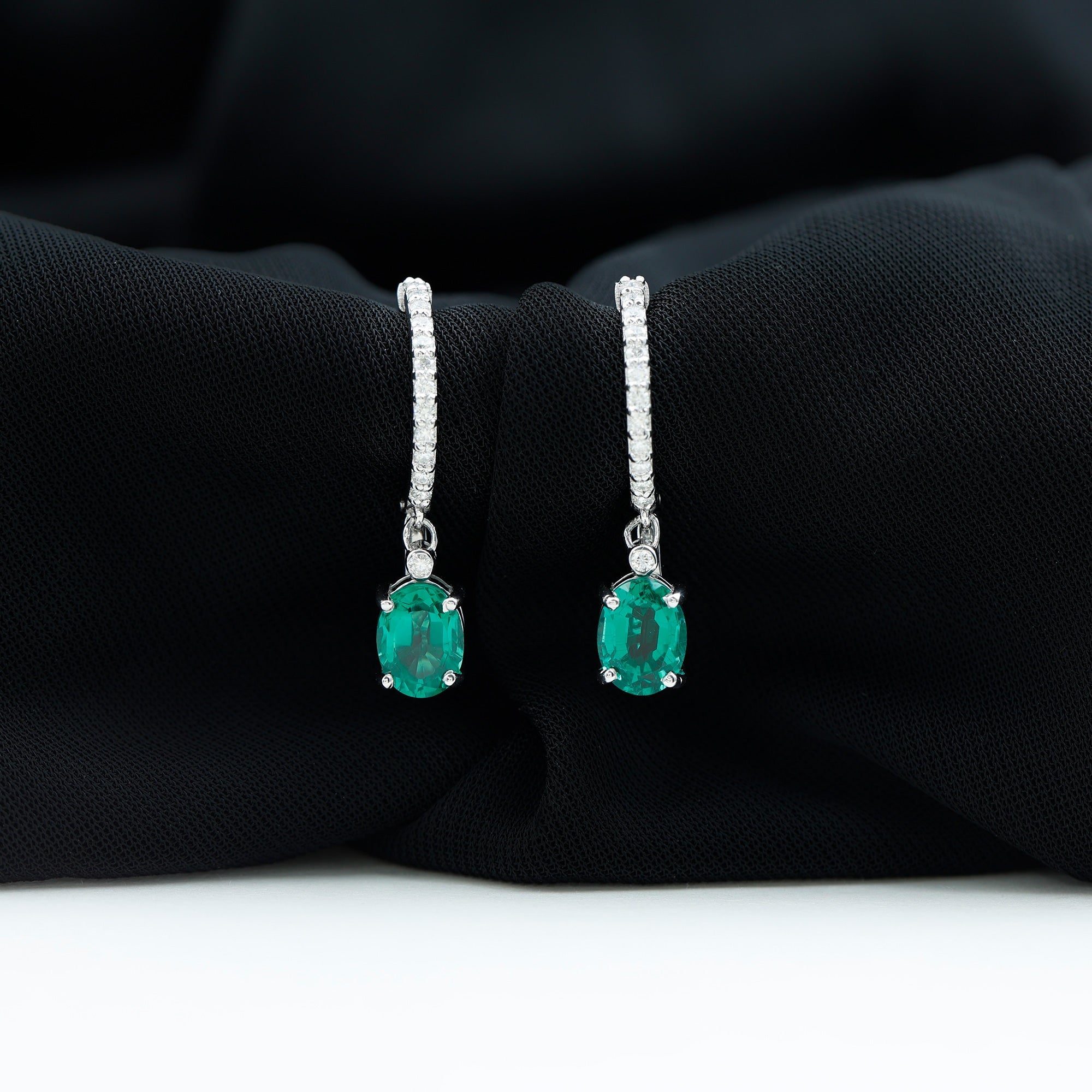 2.5 Carat Oval Cut Lab Grown Emerald and Diamond Hoop Earrings
