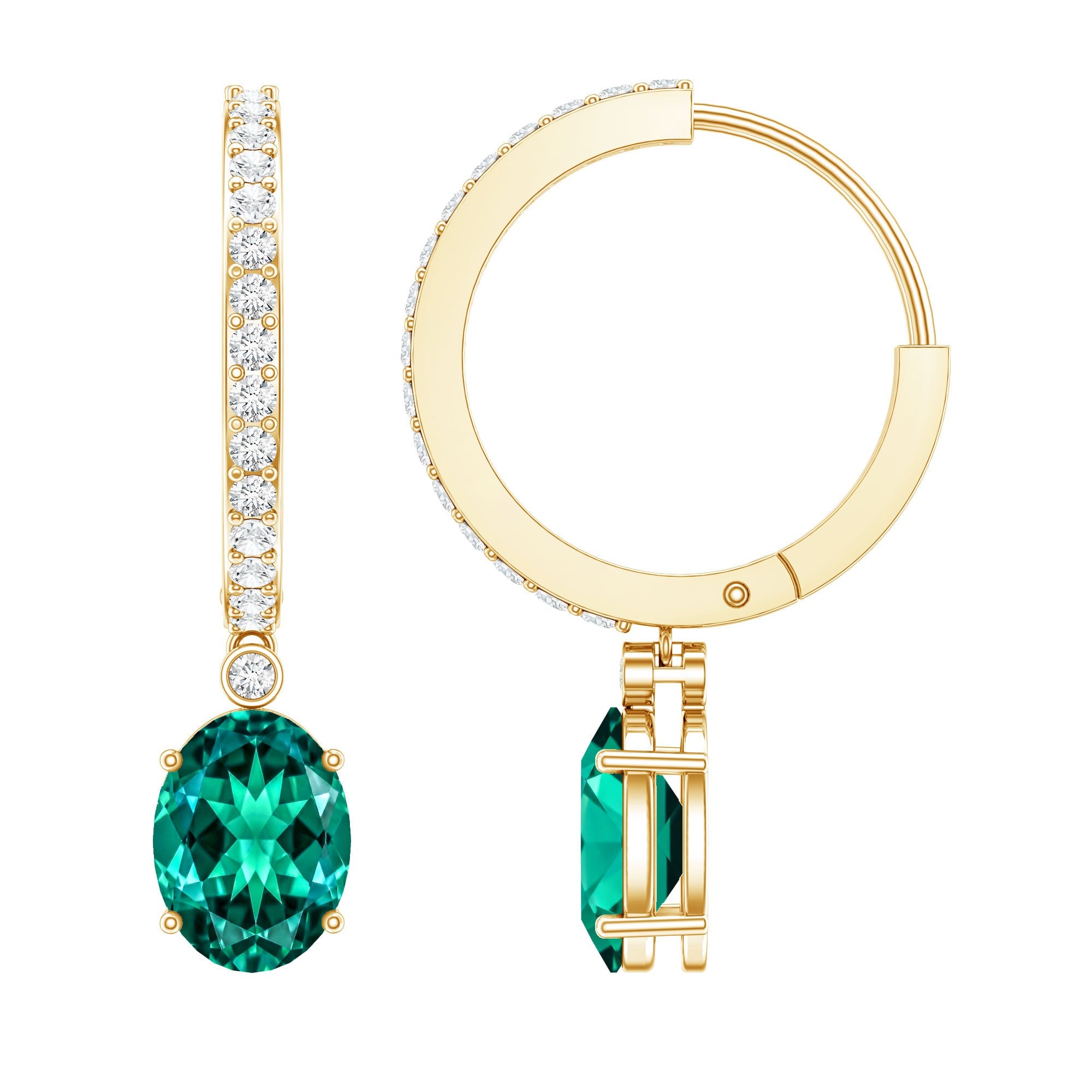 2.5 Carat Oval Cut Lab Grown Emerald and Diamond Hoop Earrings